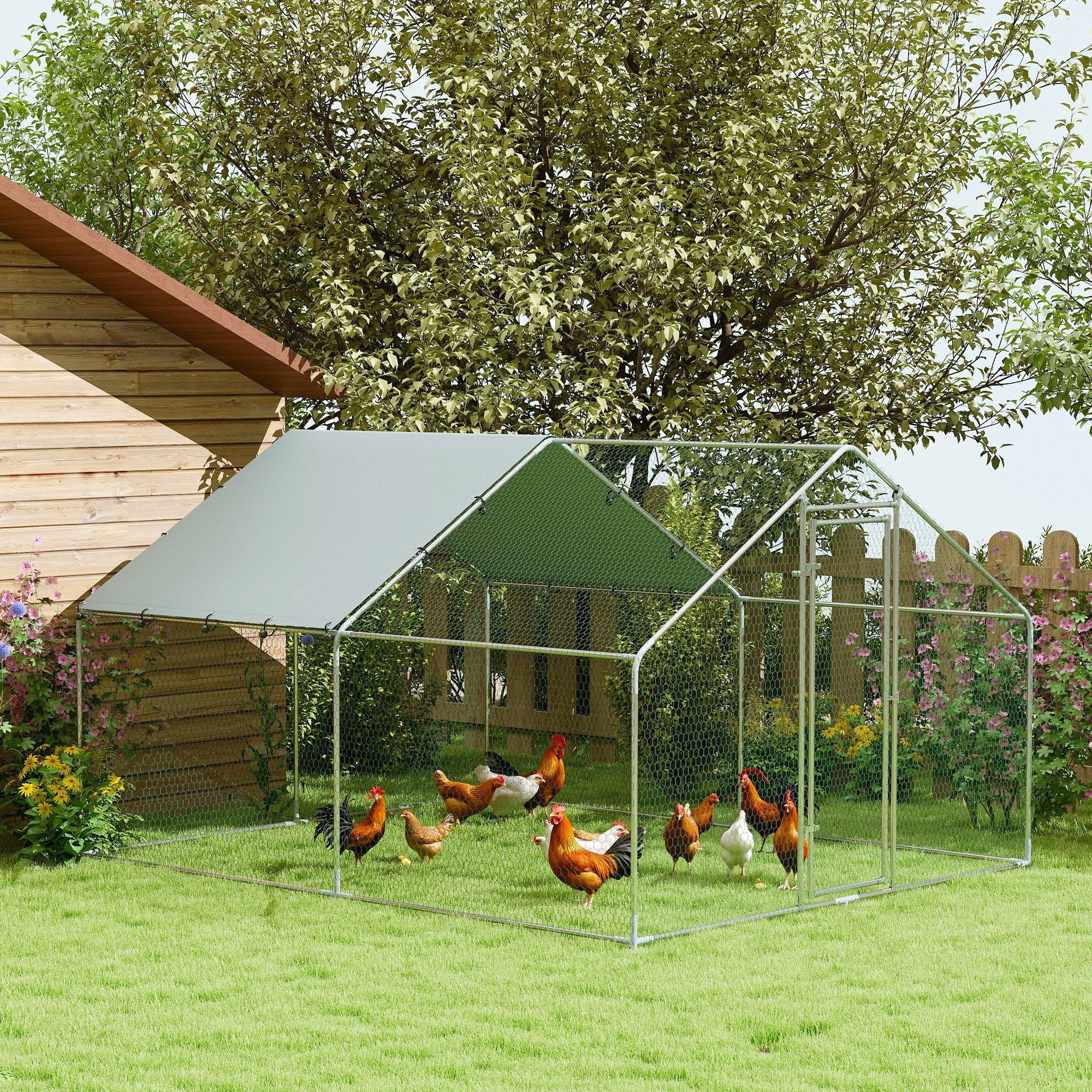 Recinto per Galline da 10 mq 300x340x190 cm per 10-15 Galline con Tetto Impermeabile in Acciaio e Tessuto Argento...