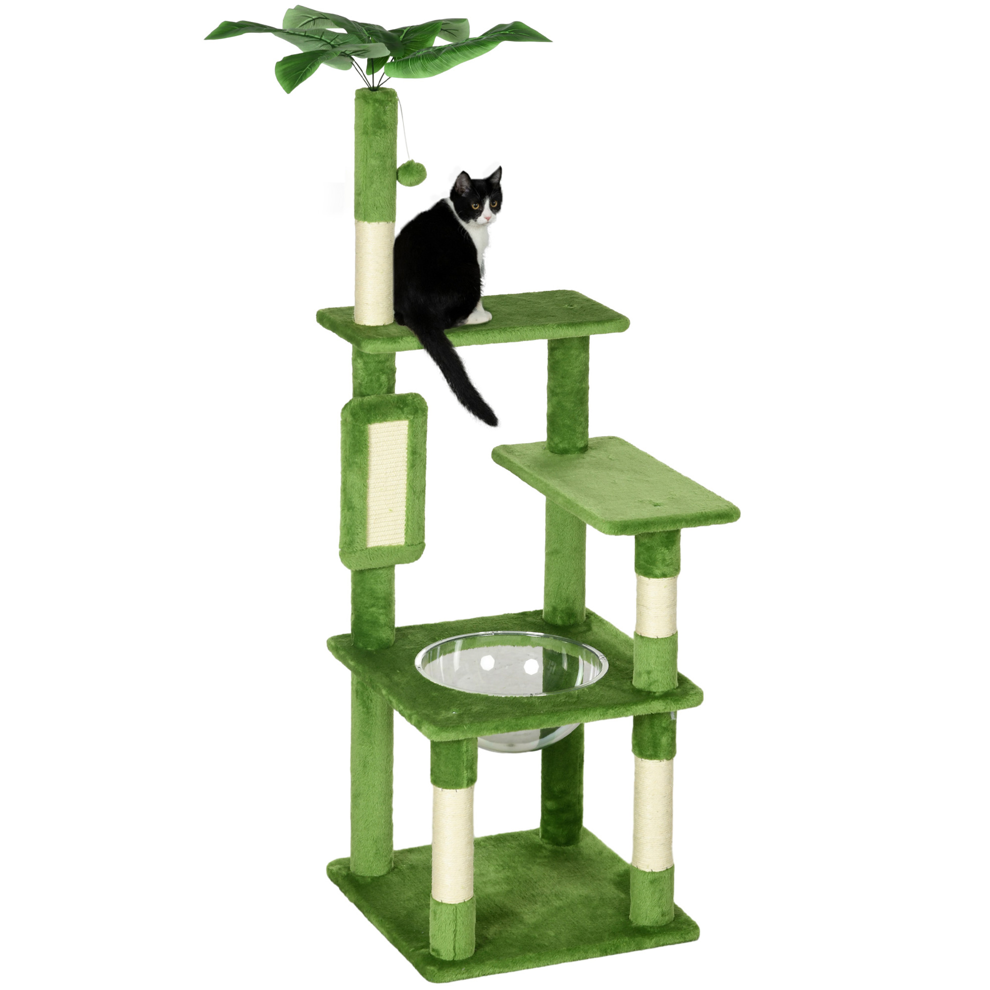 Albero Tiragraffi per Gatti Multilivello 49x49x142 cm con Amaca in Peluche e Sisal Verde