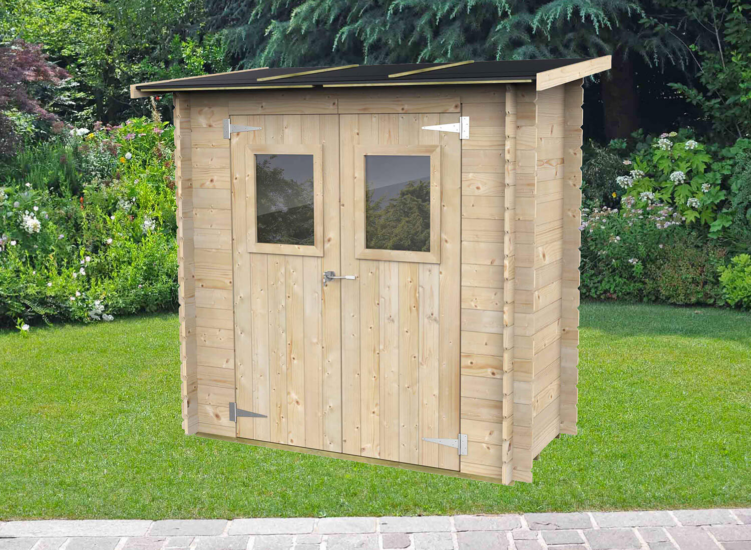 Casetta Box da Giardino per Attrezzi 198x98 cm con Porta Doppia Finestrata in Legno Naturale...