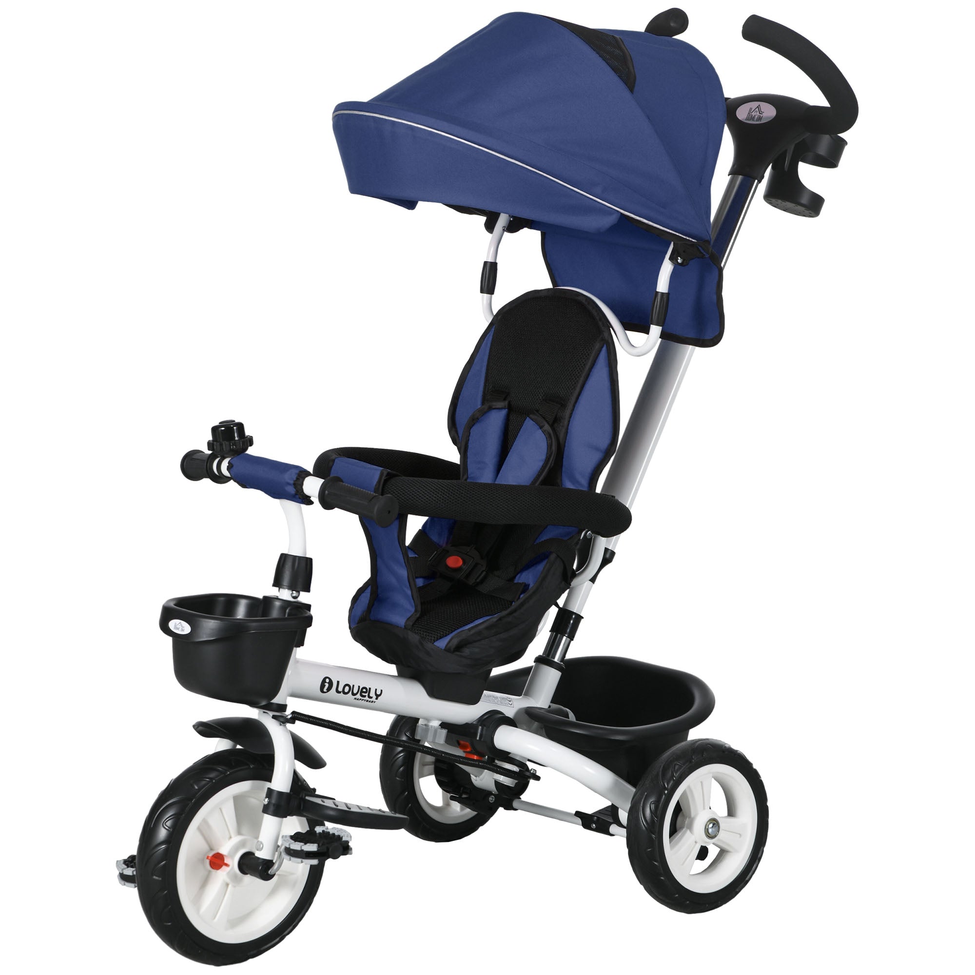 Image of Passeggino Triciclo con Sedile Girevole 360° Parasole Regolabile e Cintura di Sicurezza Blu Scuro