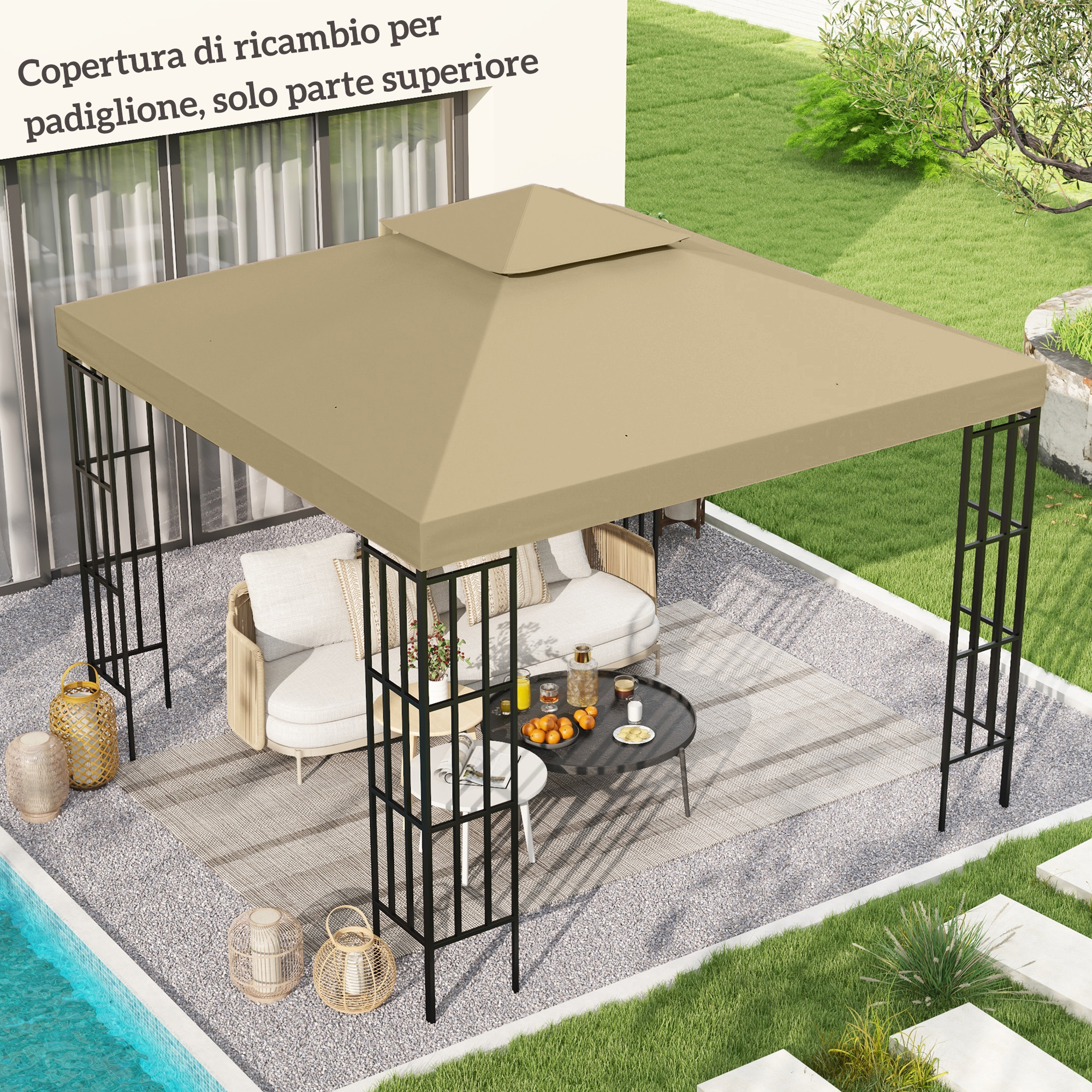 Tetto di Ricambio per Gazebo 3x3 m a 2 Livelli e Resistente ai Raggi UV Beige...