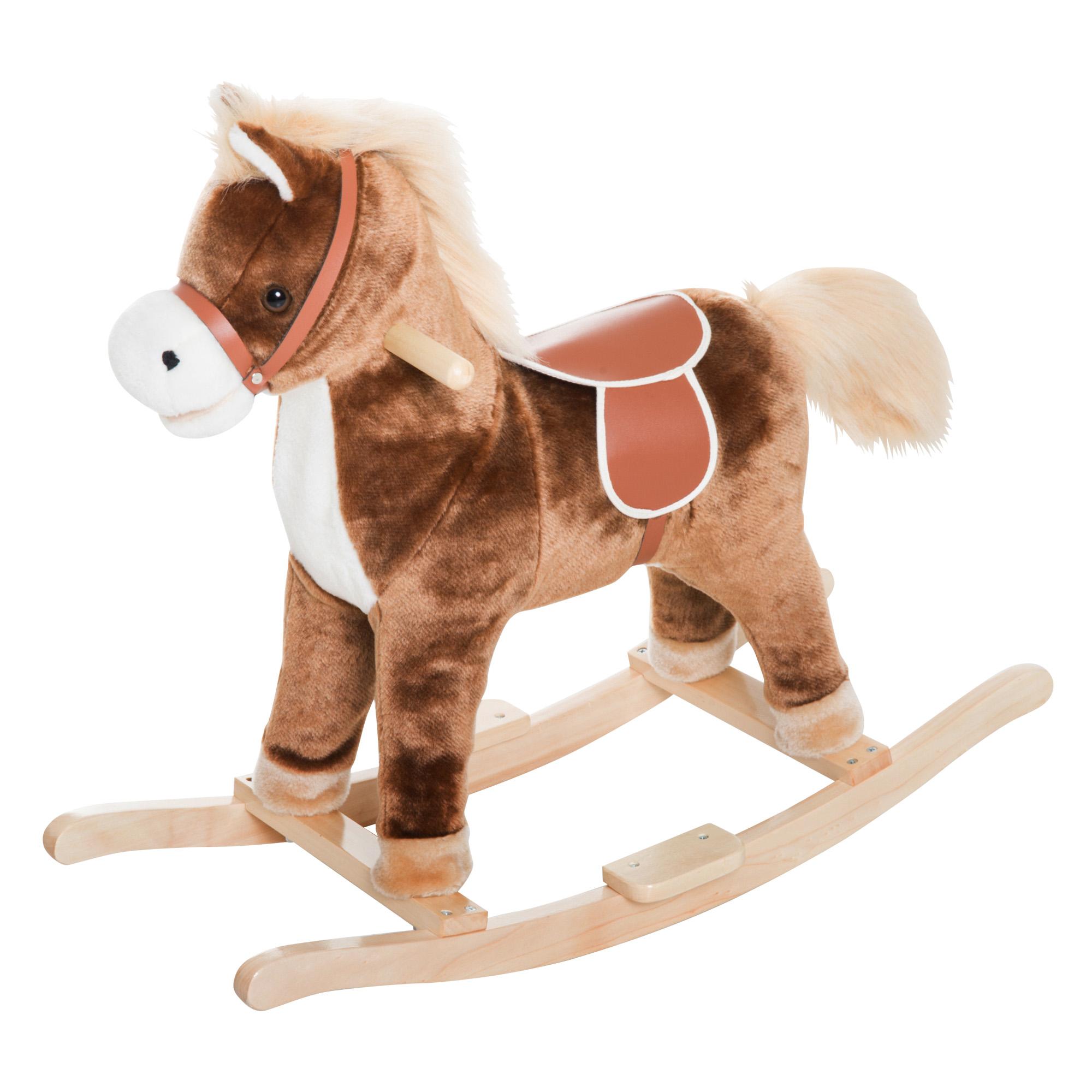 Cavallo a Dondolo Cavalcabile in Peluche e Legno Marrone 