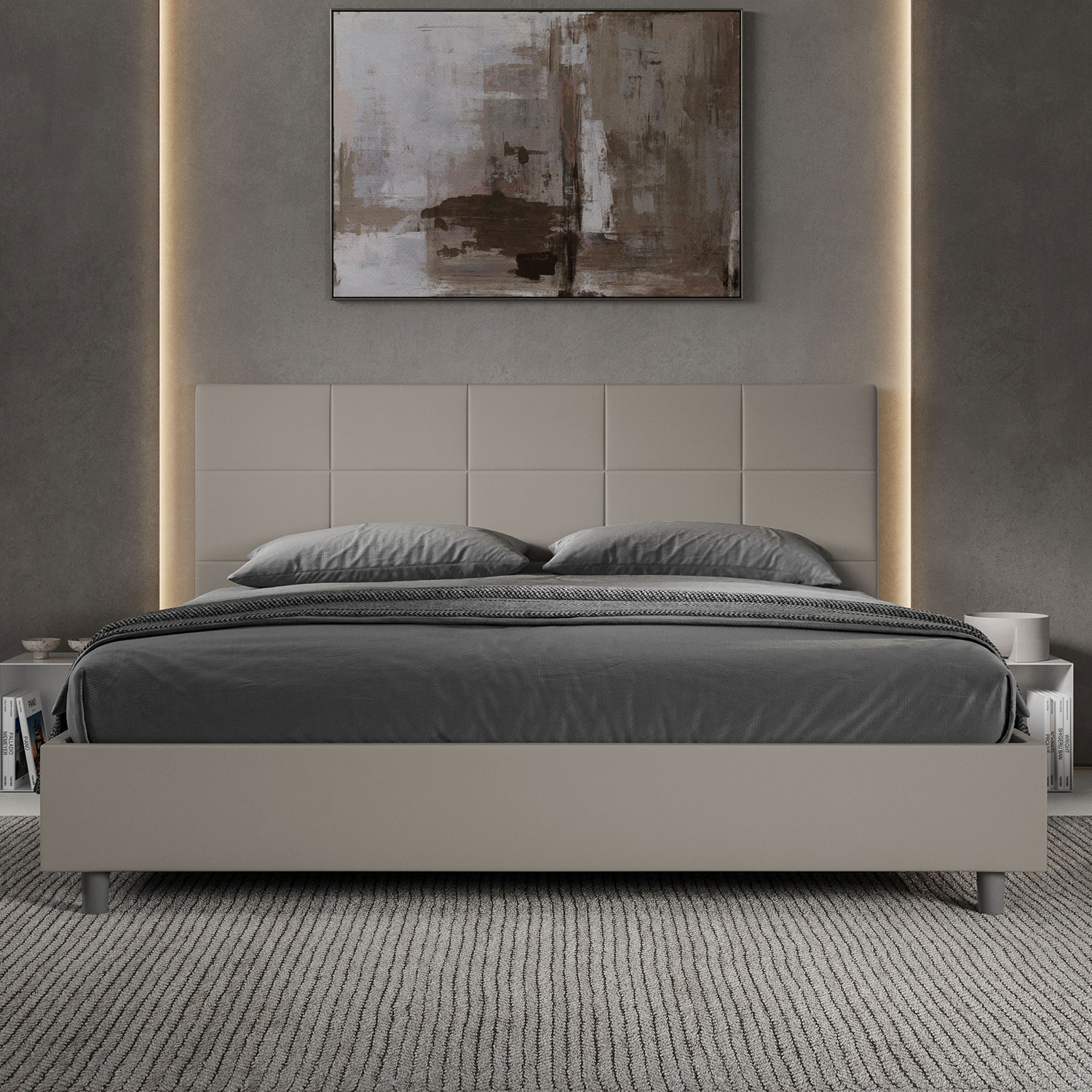 Letto Matrimoniale King Size 180x200 cm Senza Rete Imbottito in Similpelle Mika Tortora...