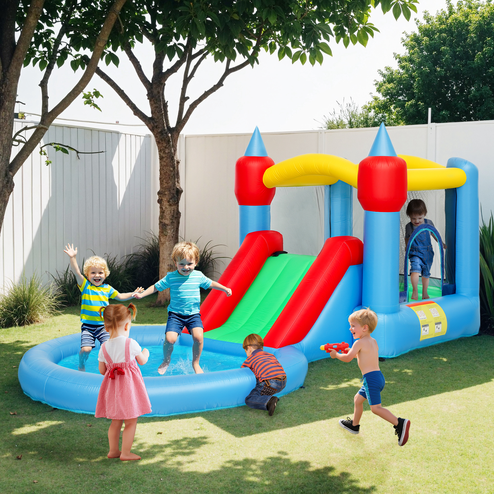 Castello Gonfiabile 415x205x190 cm con Trampolino 4 in 1 Scivolo e Piascina per Palline Multicolore...
