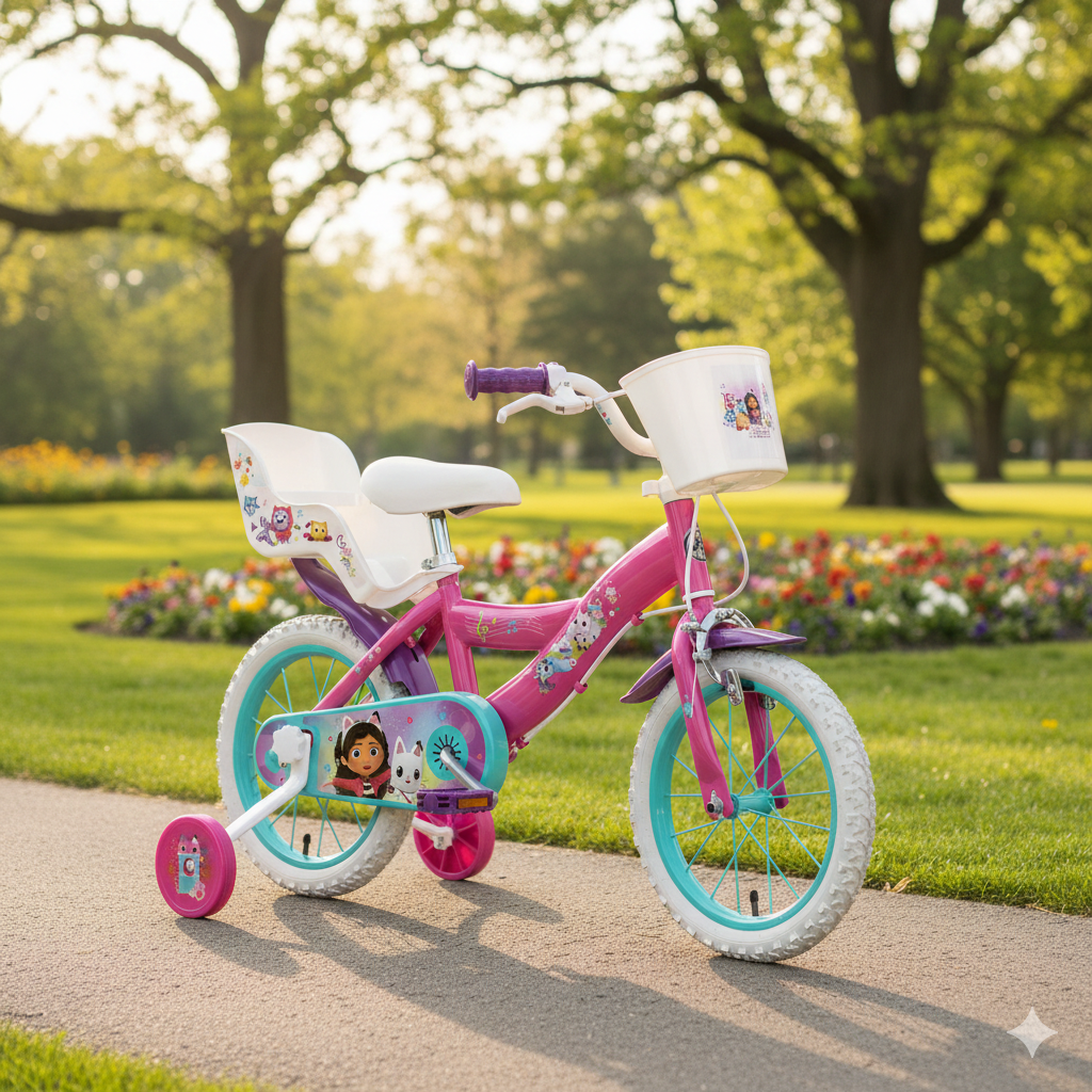 Bicicletta Bambina 14 Pollici con Rotelle Cestino e Portabambola Gabby's Dollhouse Rosa e Viola...