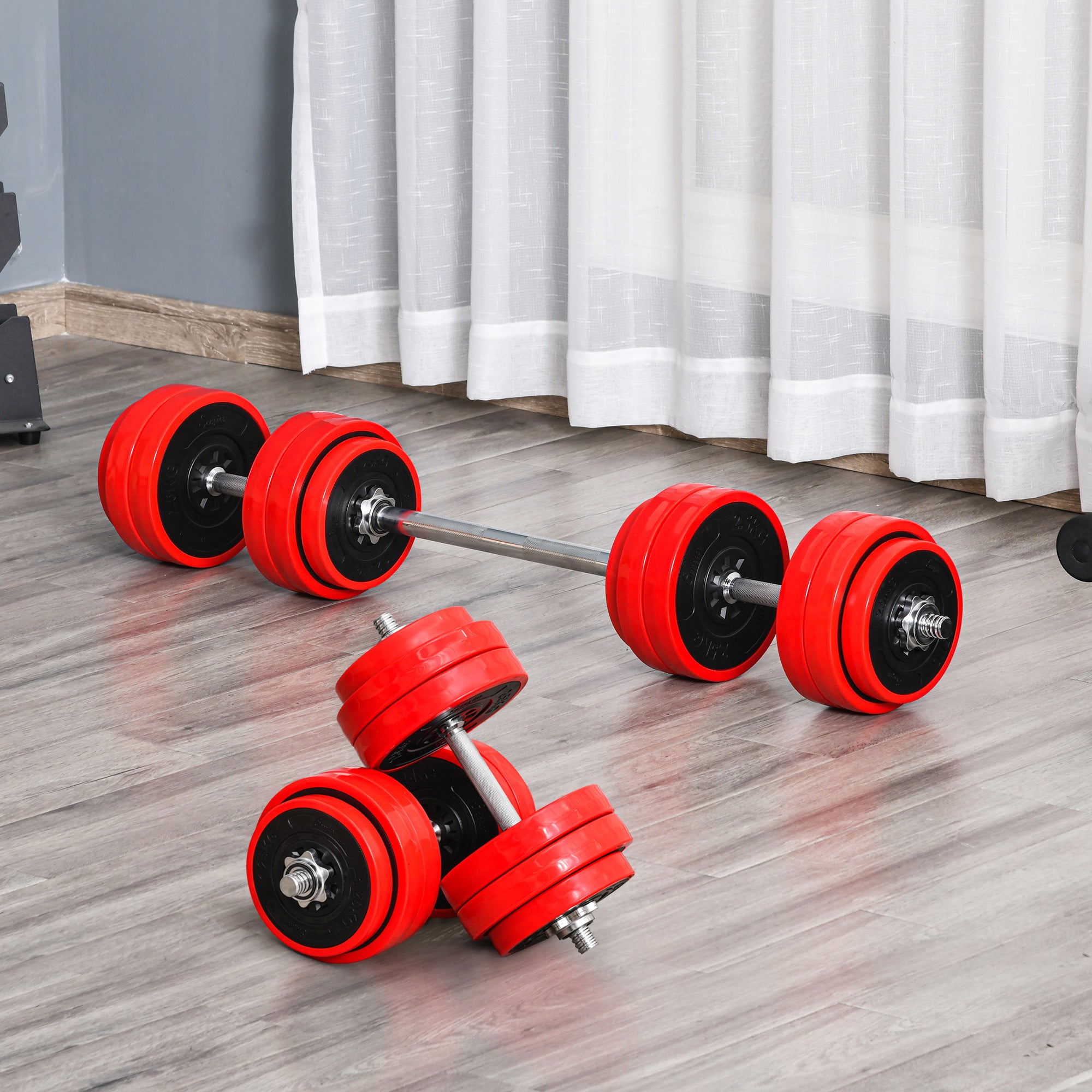 Set Bilanciere 2 Manubri 8 Dischi 15 kg Rivestimento in Plastica Rosso e Nero...