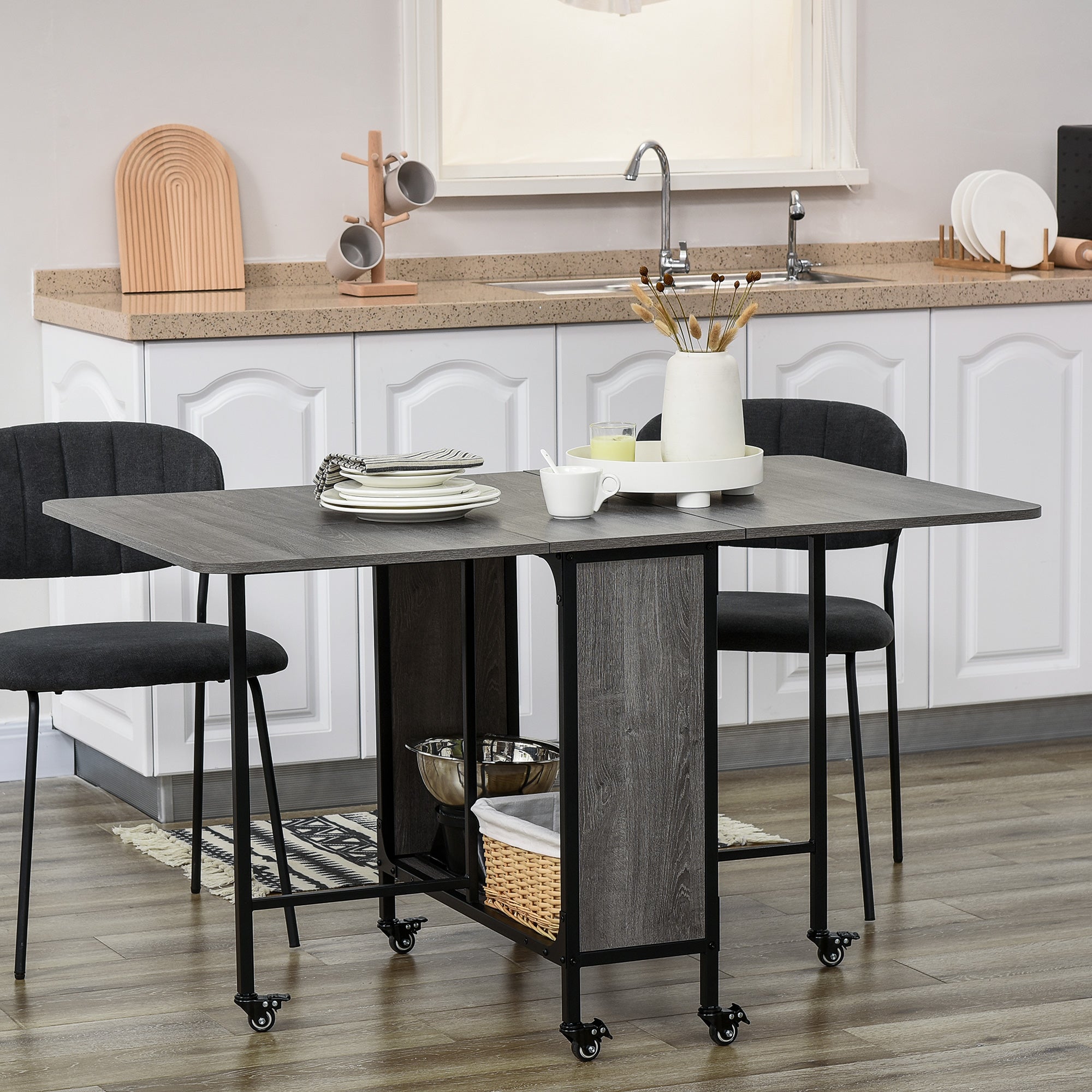 Tavolo Salvaspazio Pieghevole a 2 Ribalte per 6 Persone 130x80x74 cm Grigio...