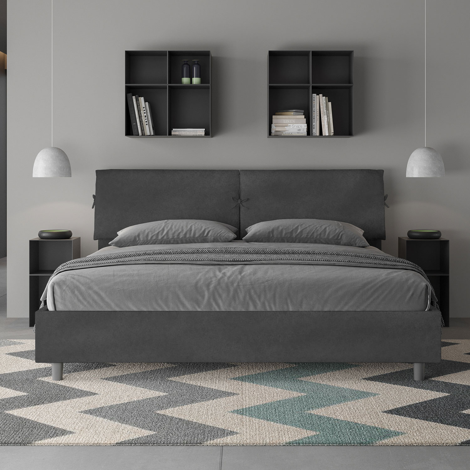 Letto Matrimoniale King Size 180x200 cm Senza Rete Testata con Cuscini Imbottito in Microfibra Mados Grigio...