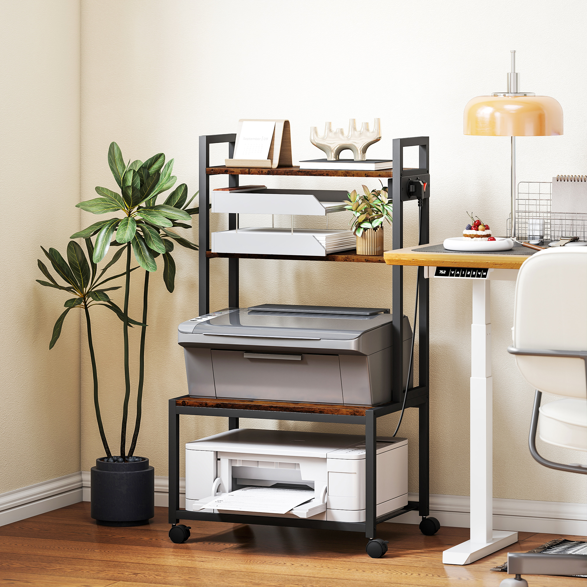 Carrello Porta Stampante a 4 Livelli 55x37.5x100 cm con Prese di Corrente Telaio in Metallo Marrone...