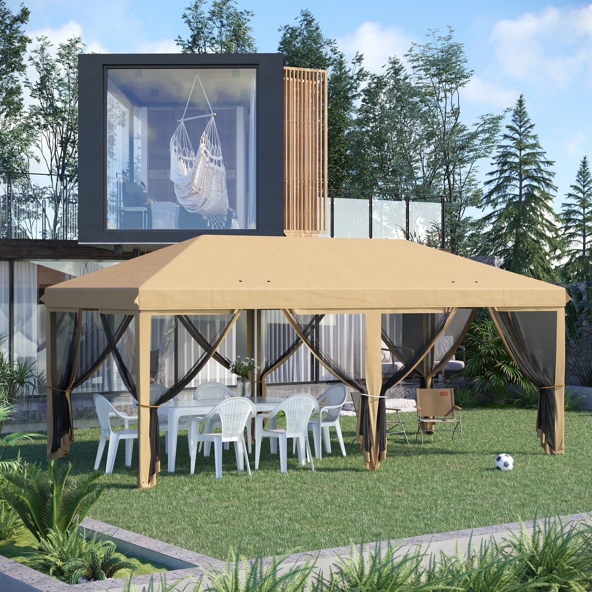 Gazebo da Giardino 6x3m Pieghevole con Zanzariera Altezza Regolabile e Borsa di Trasporto Beige...