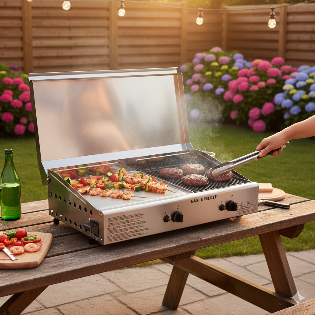 Doppia Piastra di Cottura con Cover Ompagrill Plancha Double 0468/M Alimentazione a Gas GPL e Metano con Accensione Piezoelettrica in Acciaio Inox...