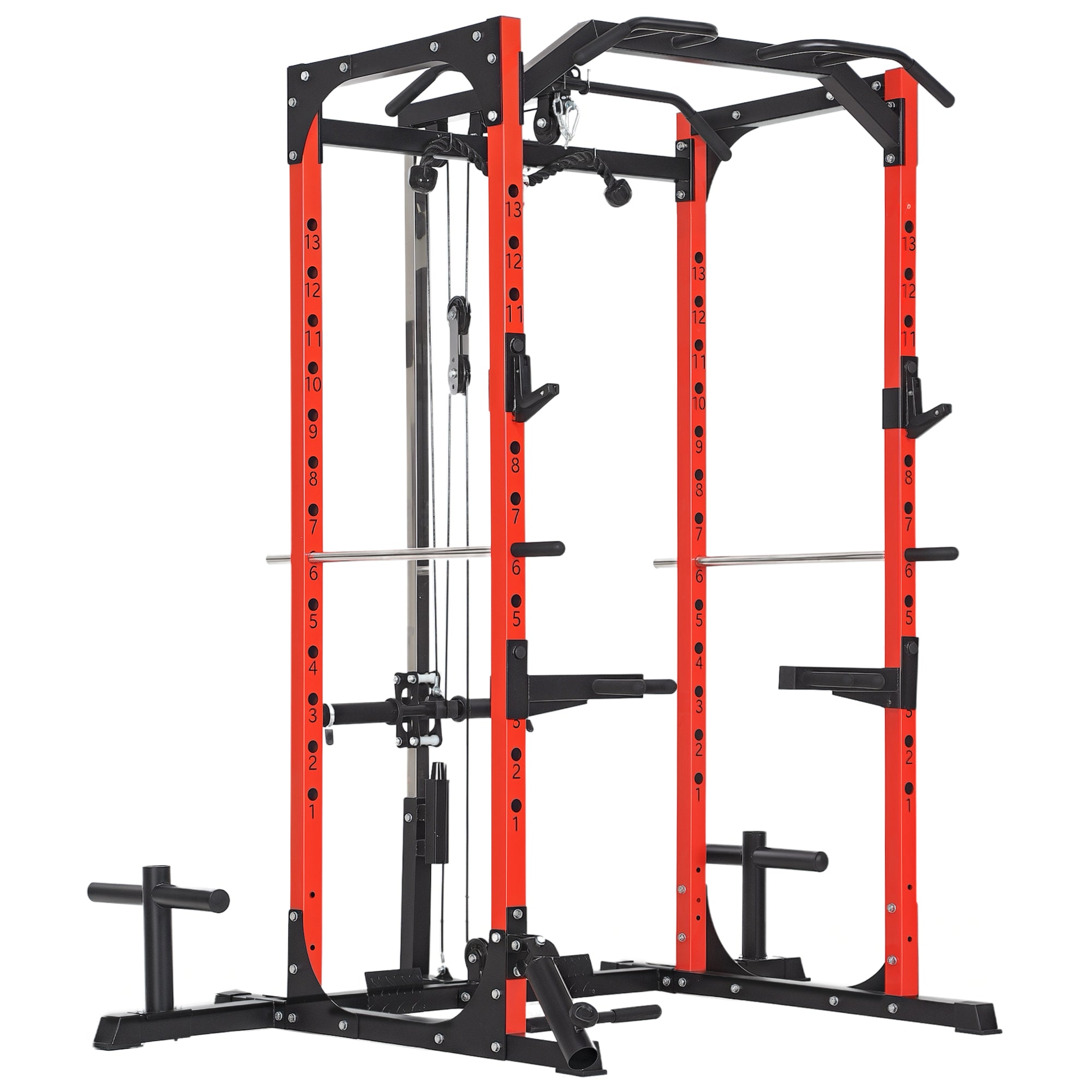 Image of Stazione Fitness 191x153x205 cm Bilanciere Trazioni e Dip in Acciaio Rosso e Nero