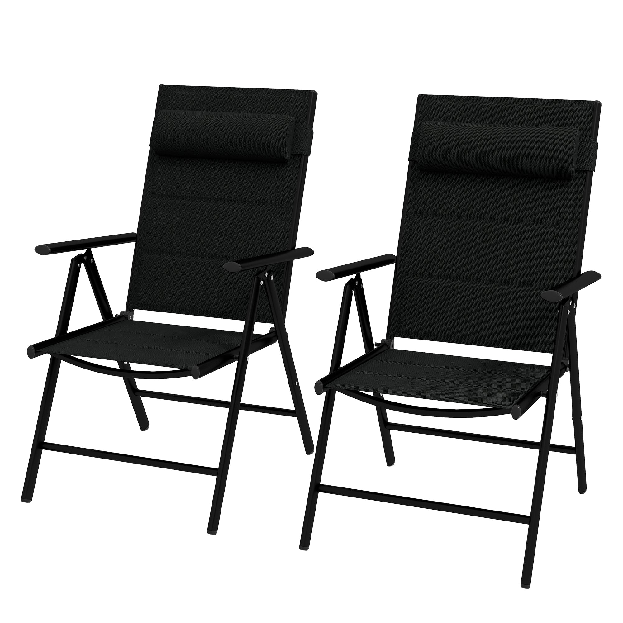 Image of Set 2 Sedie Pieghevoli con Schienale Reclinabile e Poggiatesta 54x67x108 cm in Alluminio e Poliestere Nero