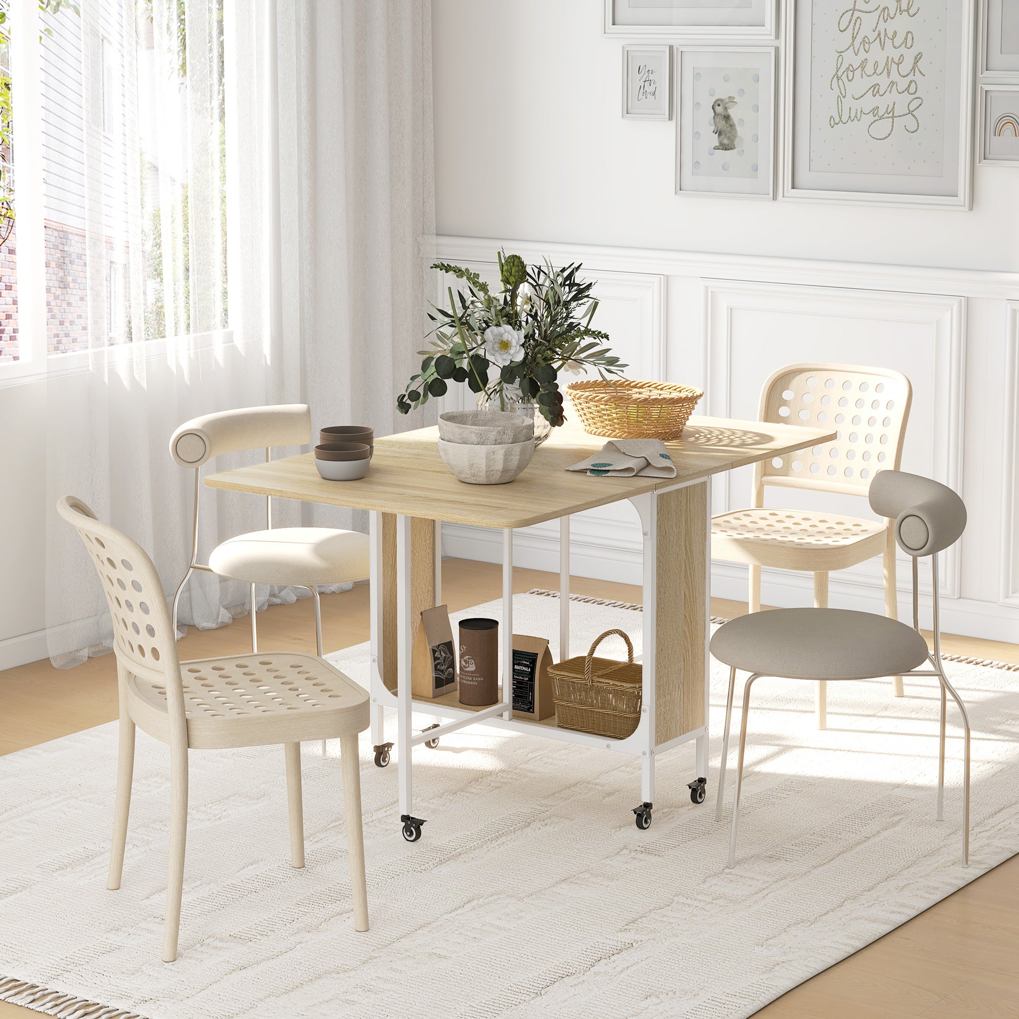 Tavolo Salvaspazio Pieghevole a 2 Ribalte per 6 Persone 130x80x74 cm Bianco e color Legno...