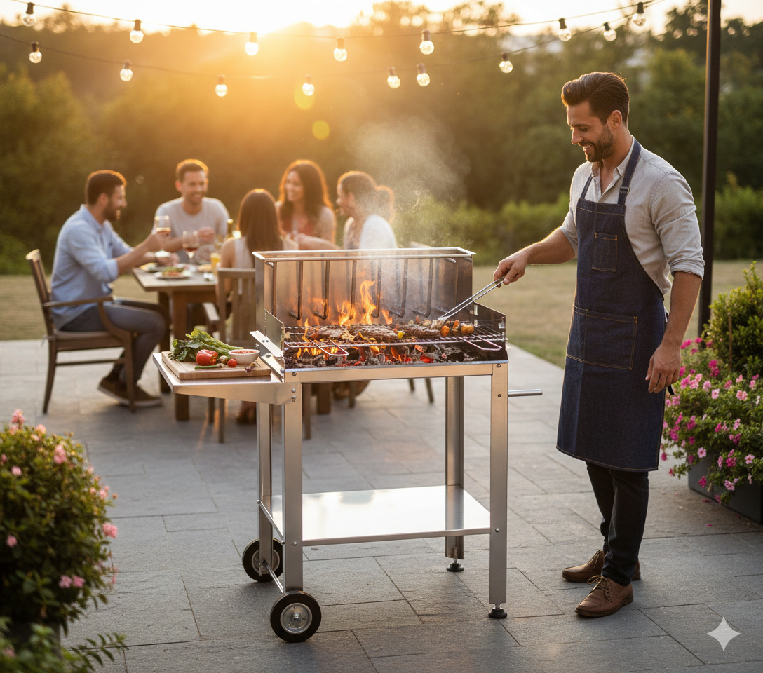 Barbecue a Legna o Carbone Ompagrill Graticola in Tondino di Acciaio Cromato Rivestimento Interno Refrattario e Struttura in Acciaio Inox...