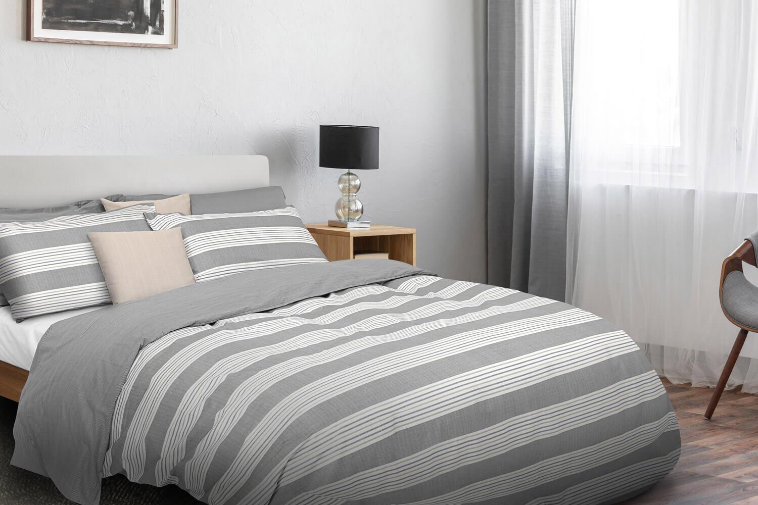 Image of Copripiumino Singolo con Federa Stampato in Puro Cotone Cober Striped Grigio