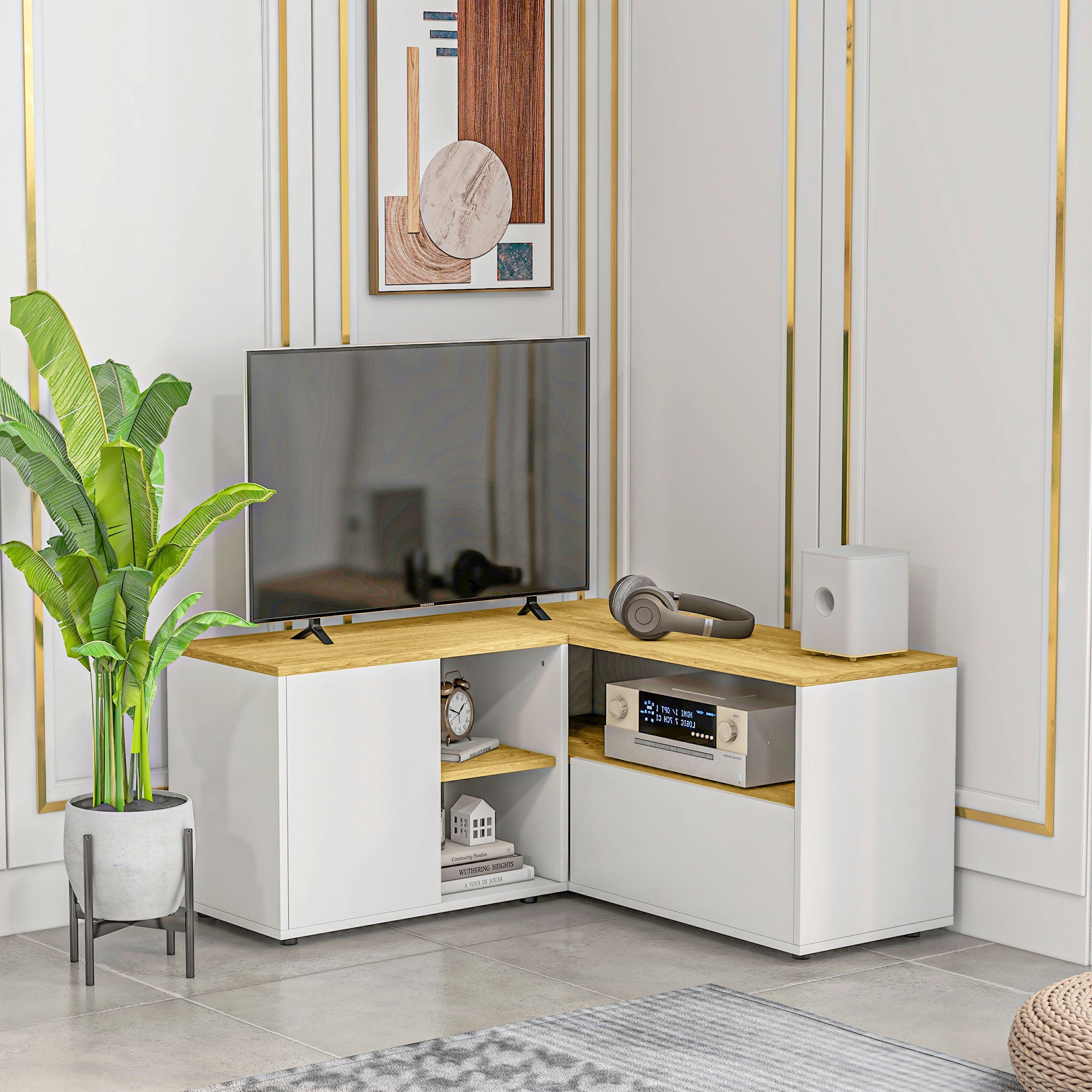 Mobile TV a L max 40” 90x90x45 cm in Truciolato Bianco e Rovere...