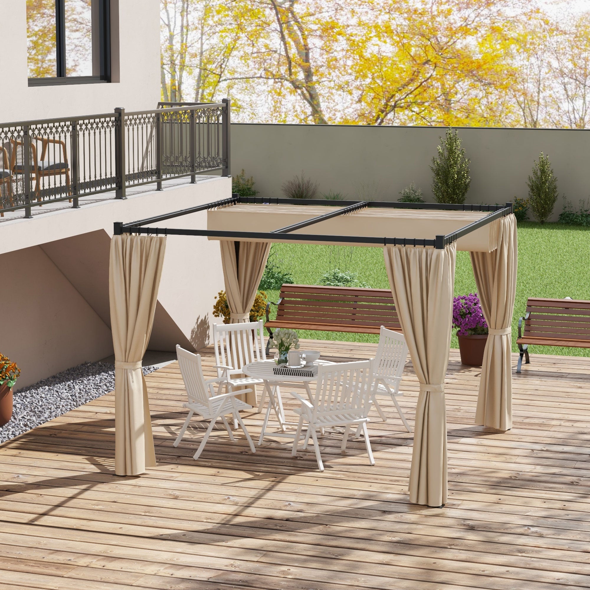 Pergola da Giardino con Tetto Retrattile e Tende 300x300x227 cm in Metallo e Poliestere Beige...