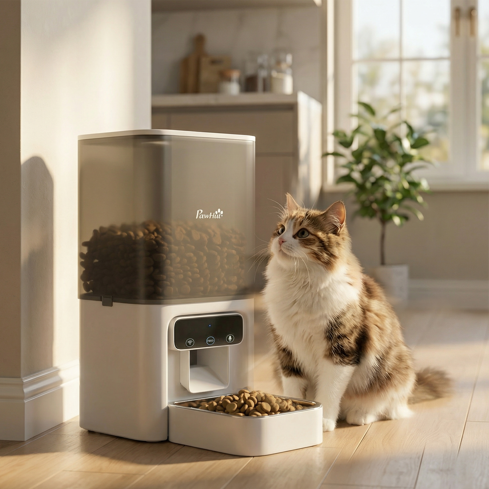 Distributore Automatico di Cibo per Gatti 4,5L con APP e Registratore Vocale in ABS e Acciaio Bianco e Grigio...
