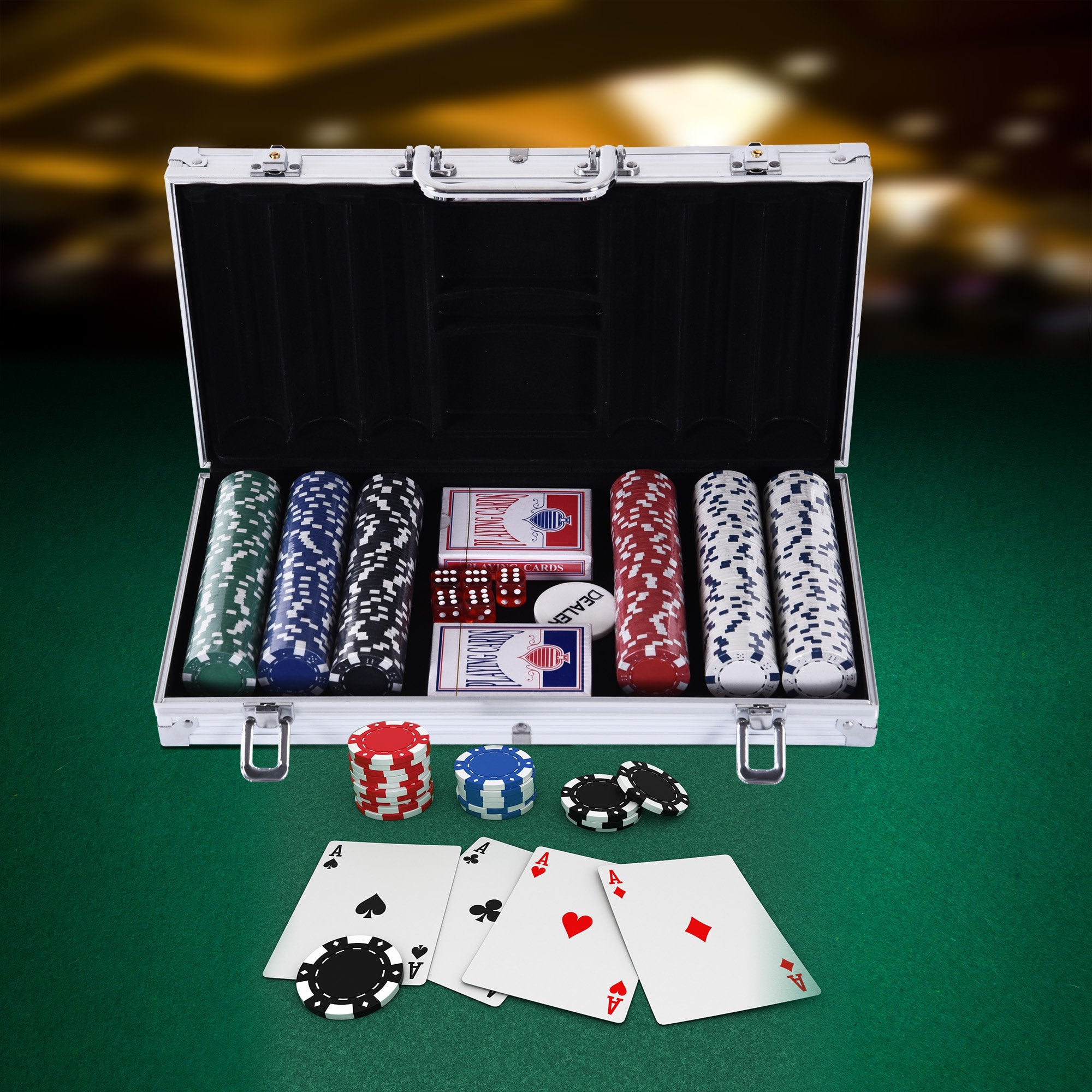 Set 300 Fiches da Poker 2 Mazzi di Carte e Pulsante Dealer con Valigetta...
