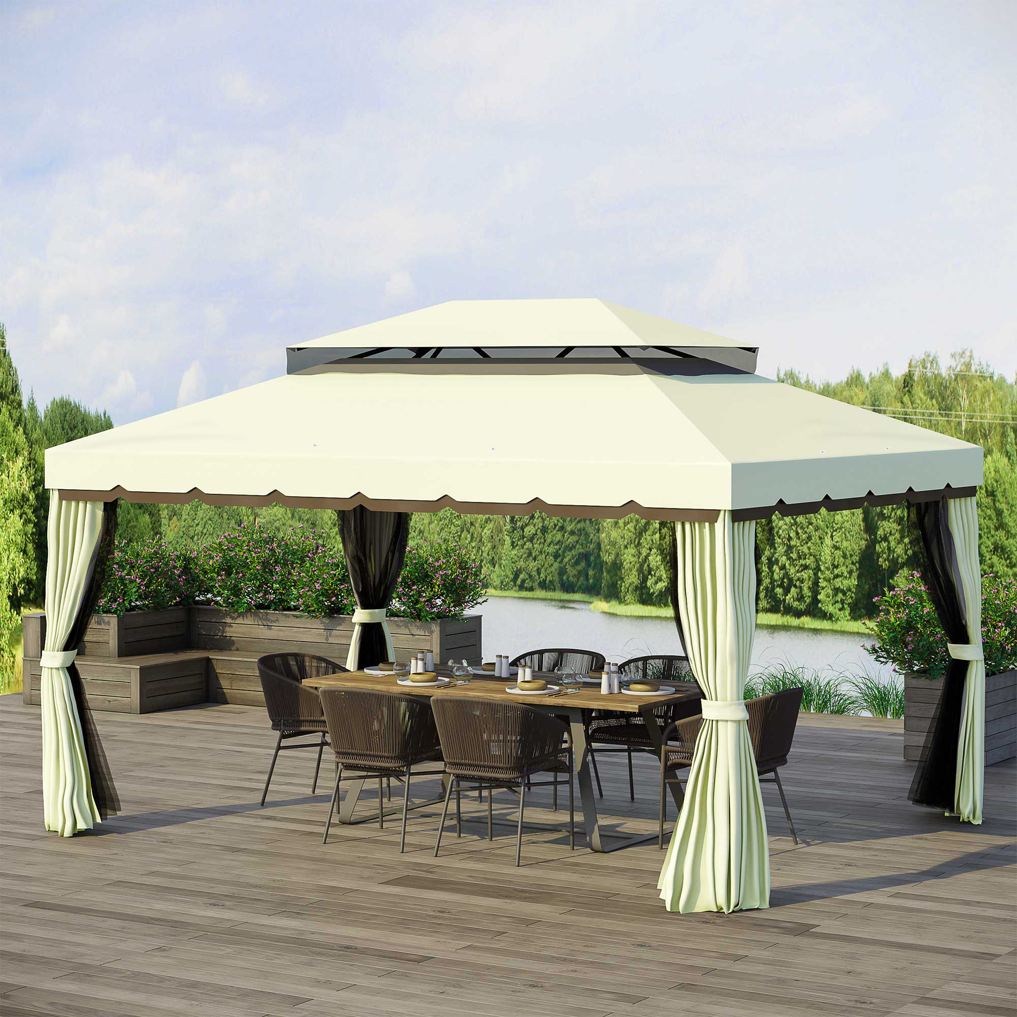 Gazebo da Giardino 4x3 m con Zanzariera e Tende Tetto Doppio e Rivestimento Anti-UV Crema...