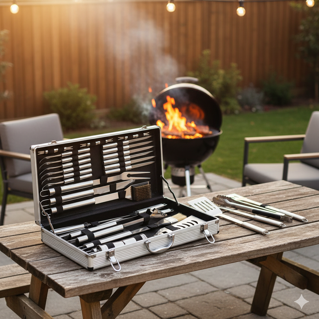 Set Valigetta Accessori per Barbecue Ompagrill in Alluminio da 32 Pezzi in Acciaio Inox...