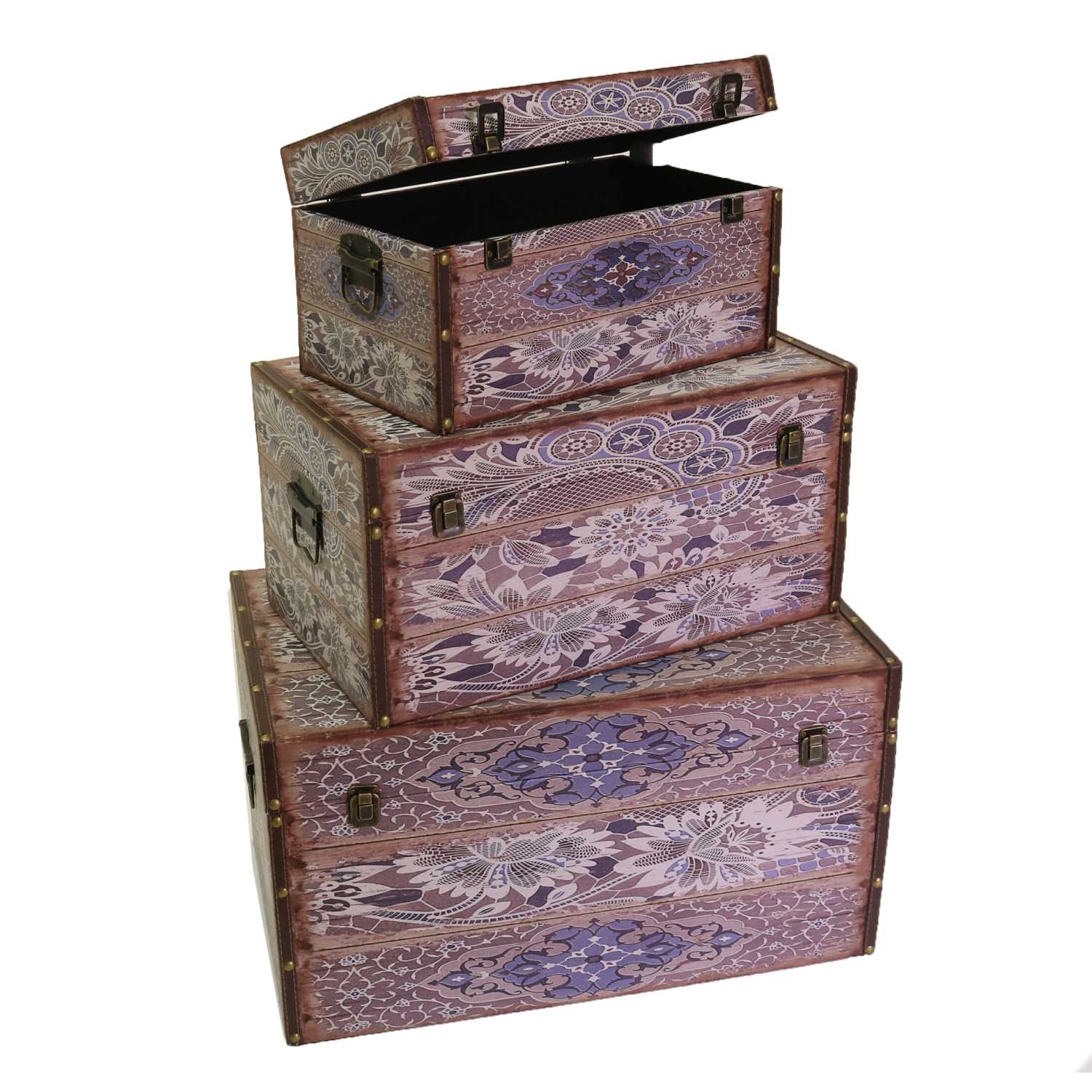 Image of Set 3 Bauli Rettangolari in Similpelle Design Fiori Grigi