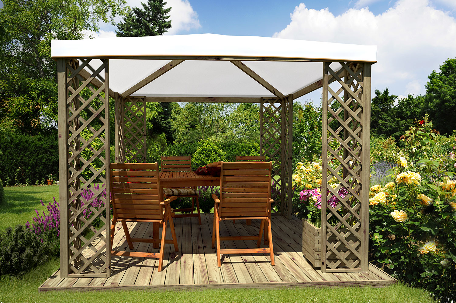 Gazebo da Giardino 300x300 cm Copertura in Telo PVC Fox JT40 Pocket in Legno Verde e Bianco...