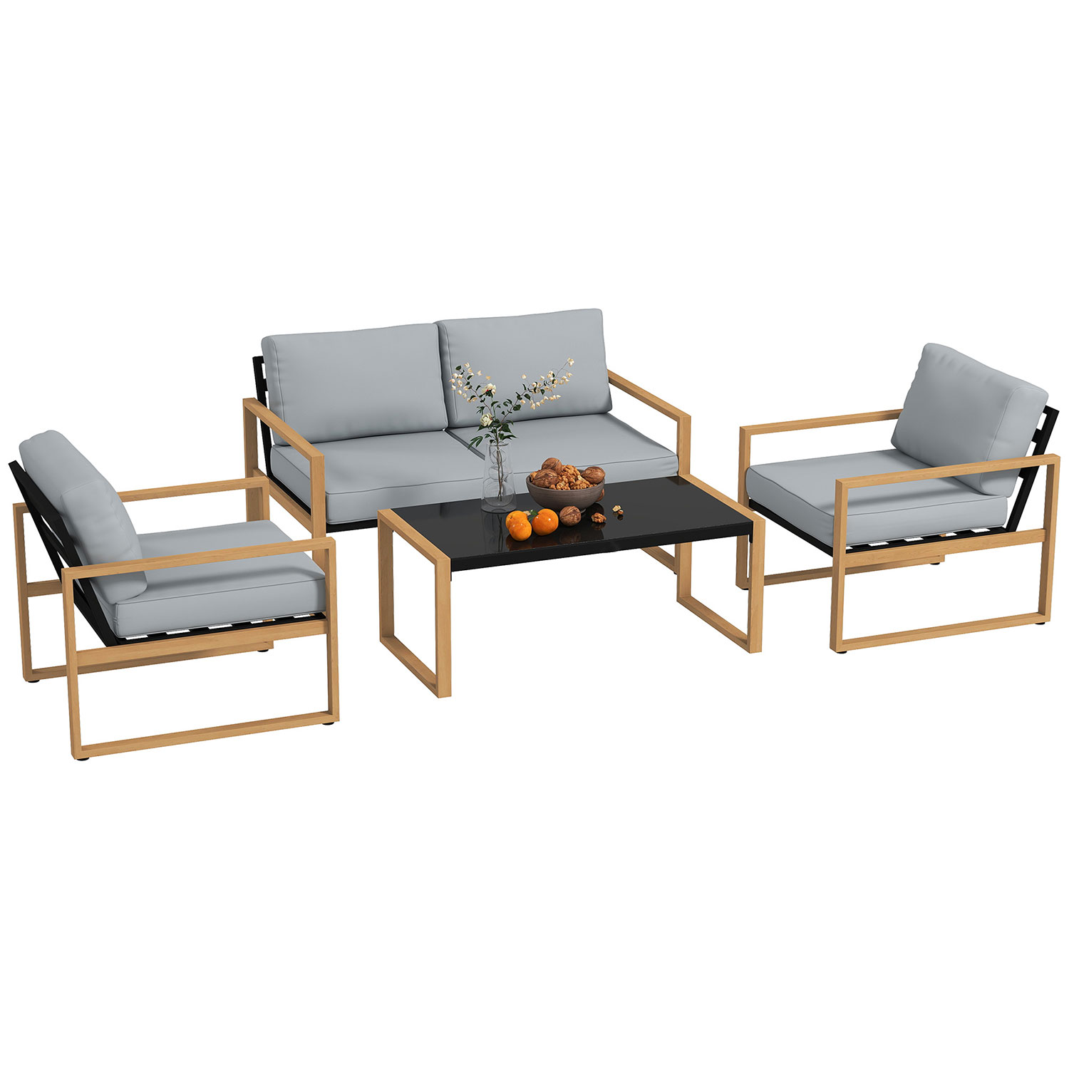 Set 4 Pezzi da Esterno Divanetto 2 Poltrone e Tavolino con Piano in Vetro in Alluminio e Fibra Grigio e color Legno