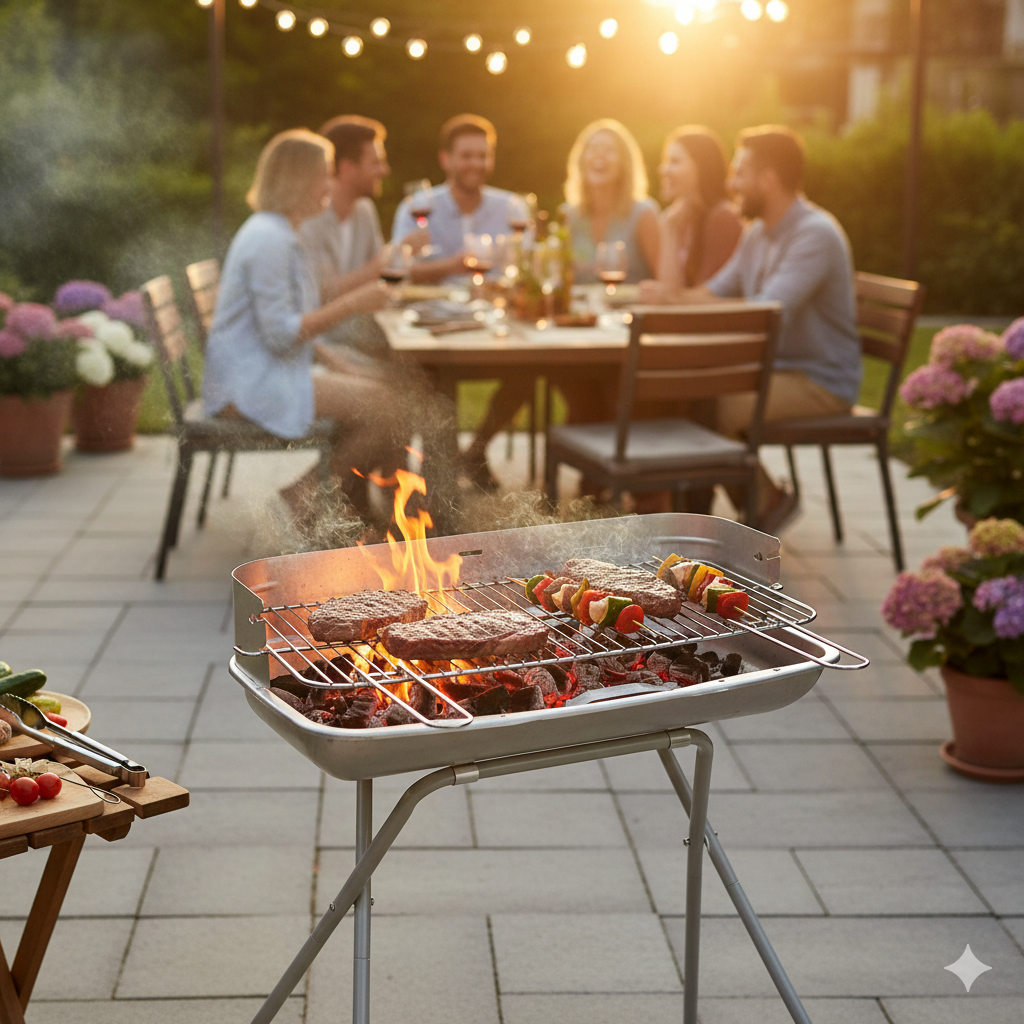 Barbecue a Carbone Ompagrill in Acciaio Alluminato Griglia di Cottura in Acciaio Cromato Resistente fino a 500° Area di Cottura 60x36 cm...