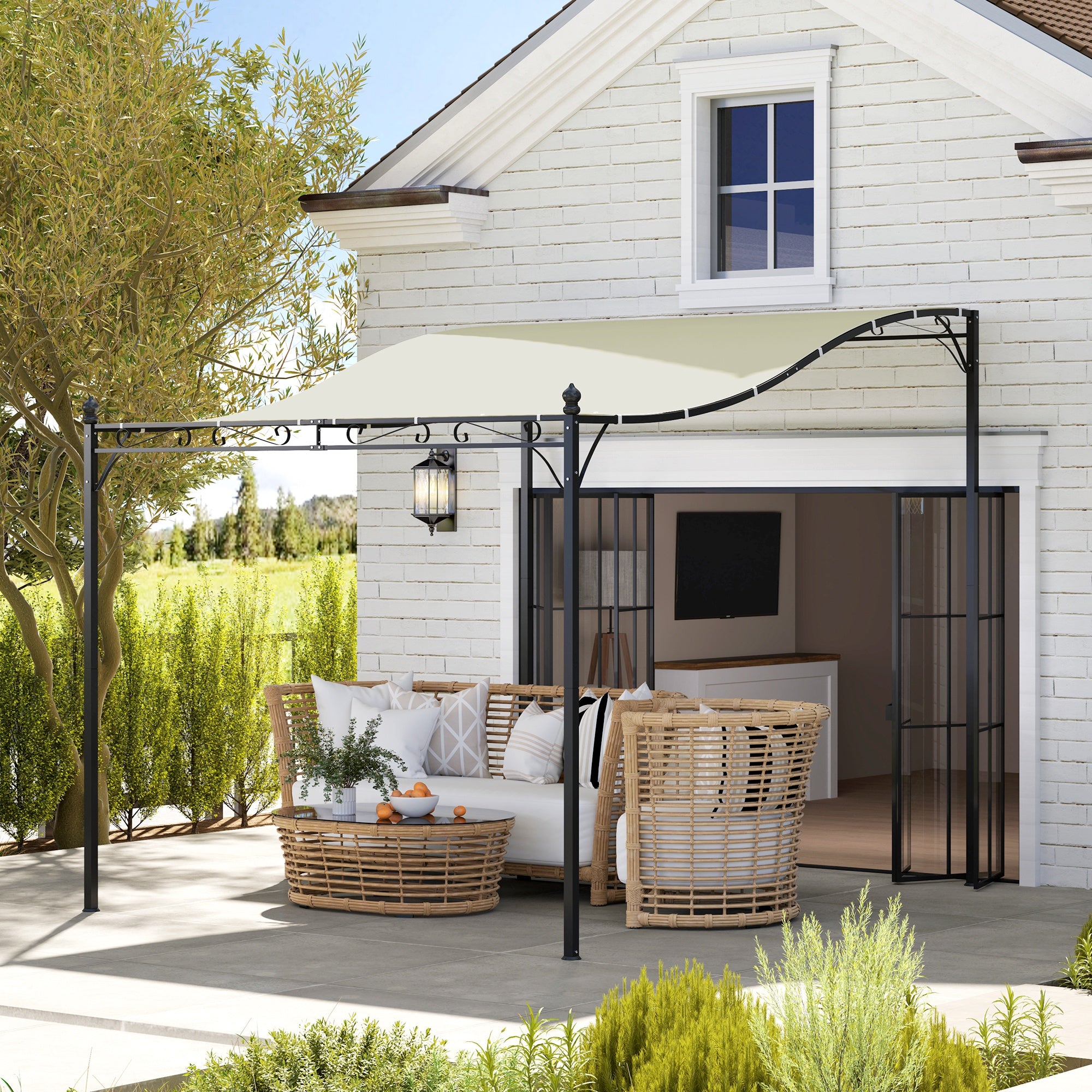 Gazebo Pergola Addossata Ricurva 248x298x200-250 cm con 16 Fori di Drenaggio Bianco Crema...