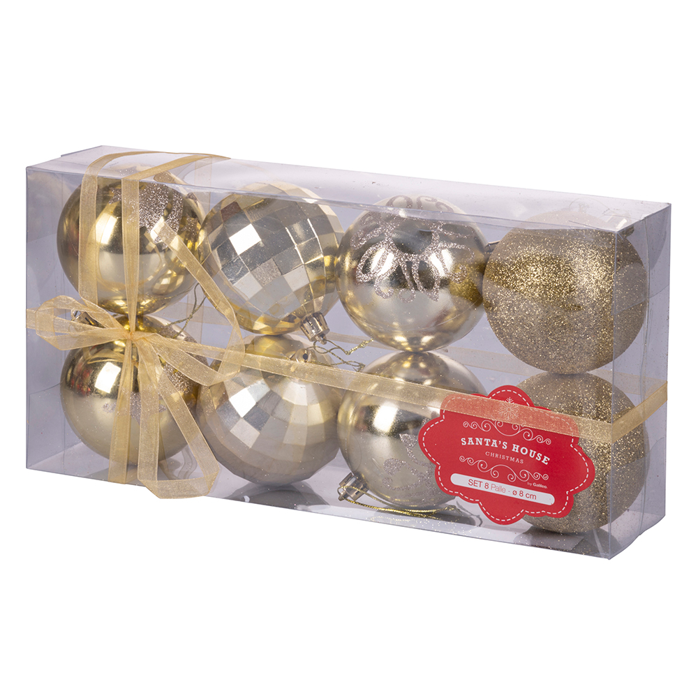 Set 8 Palle di Natale Ø8 cm in Plastica Oro...