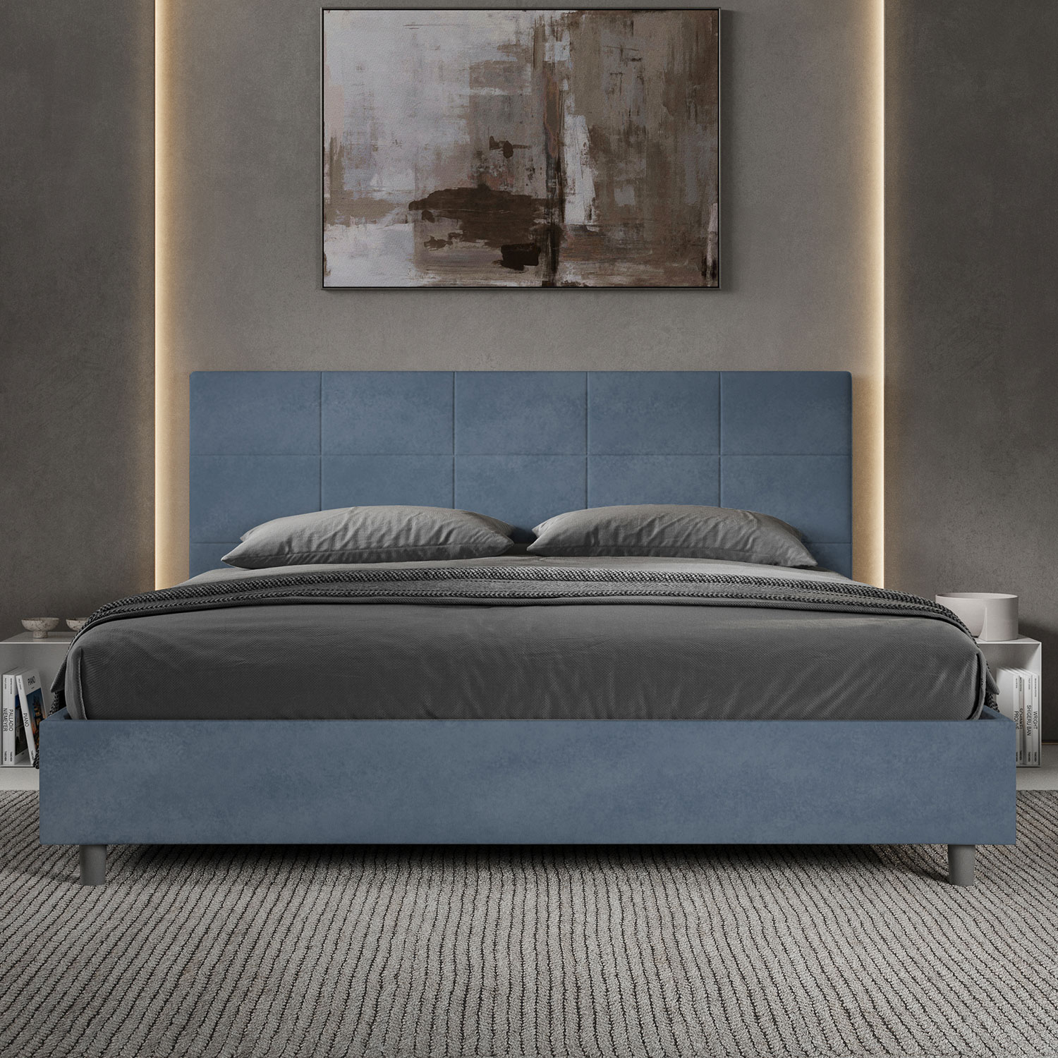 Letto Matrimoniale King Size 180x200 cm Senza Rete Imbottito in Microfibra Mika Blu...