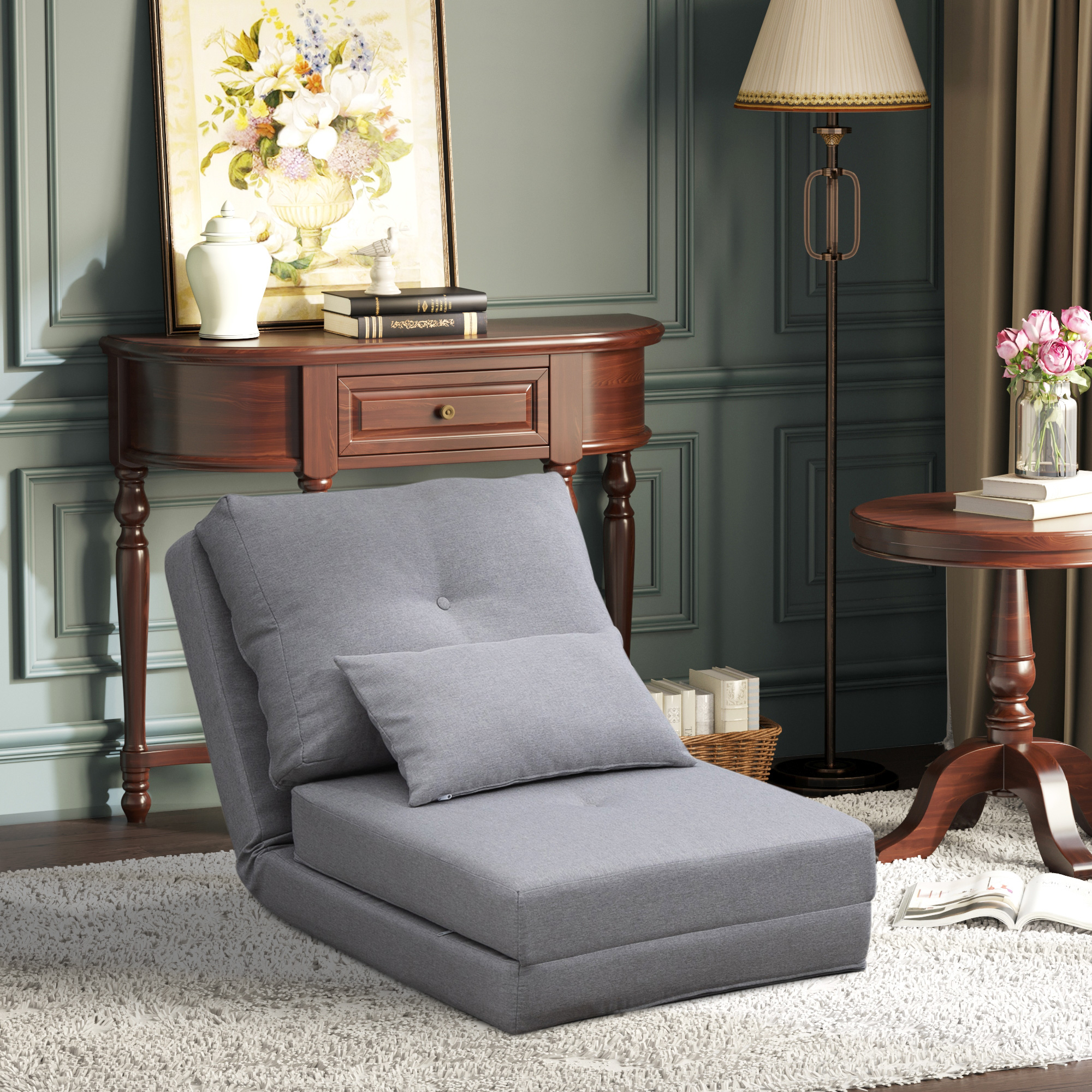 Poltrona Letto 3 in 1 Convertibile in Chaise Longue e Divano da Terra con 2 Cuscini in Tessuto Effetto Lino Grigio Chiaro...
