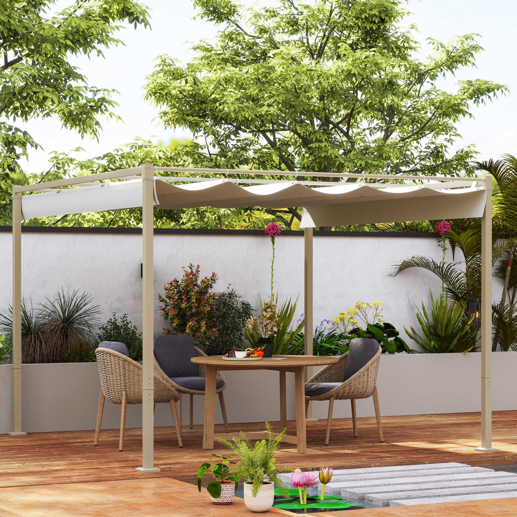 Gazebo da Giardino Pergola 298x297x221 cm con Tettuccio Retrattile Viti e 8 Picchetti in Poliestere 180g e Metallo Cachi...
