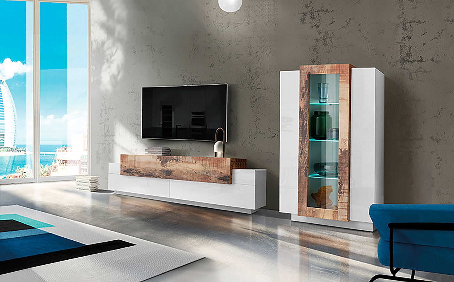 Parete Attrezzata Soggiorno Porta TV 200x45x51,6 cm con Vetrina Coro Bianco Lucido e Acero Pereira...