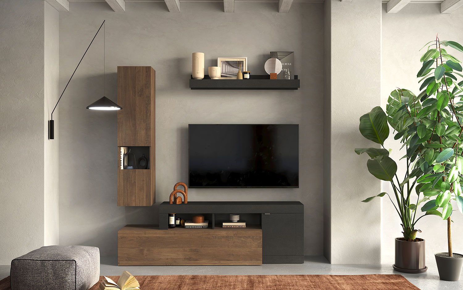 Parete Attrezzata Design Contemporaneo 181x35x195 cm Freedom Modello L 181 Lava e Noce Mercure