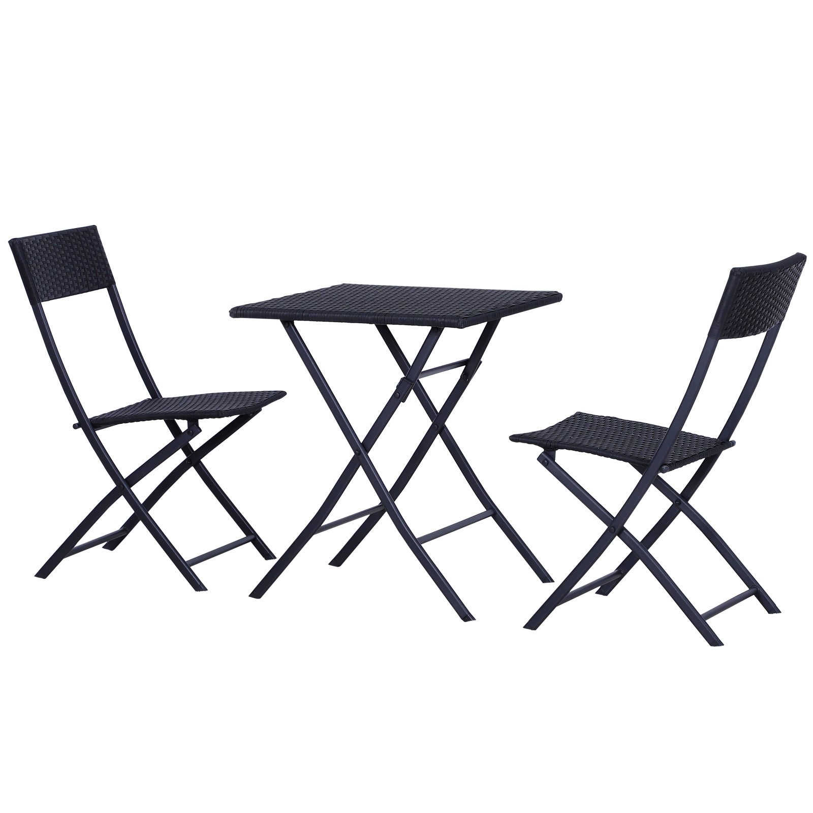 Set Tavolino e 2 Sedie Pieghevoli da Giardino in Rattan Sintetico Nero 