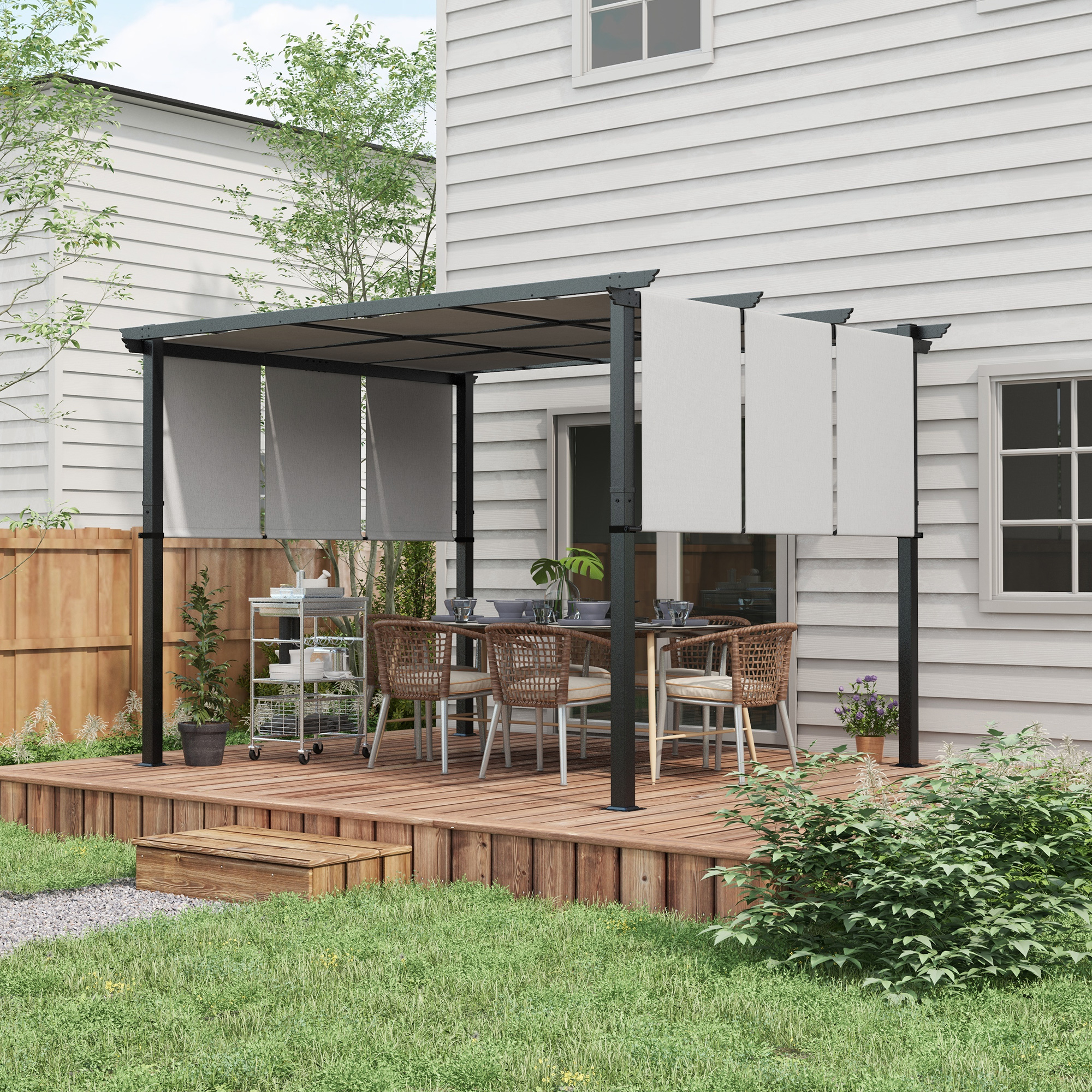 Gazebo Pergola con 3 Tettucci Regolabili 300x350 cm in Acciaio e Poliestere Grigio Chiaro...