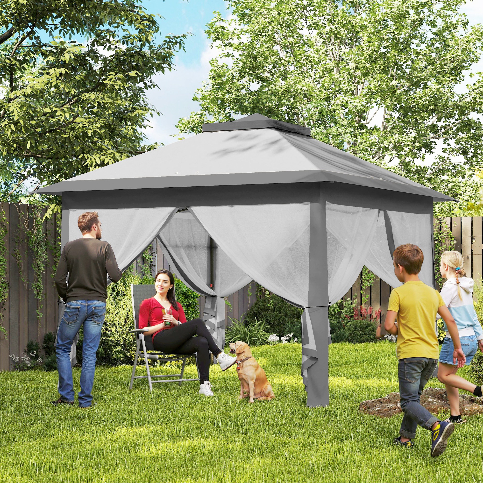 Gazebo da Esterno 330x330x280 cm Pieghevole ad Altezza Regolabile con Zanzariere Grigio...