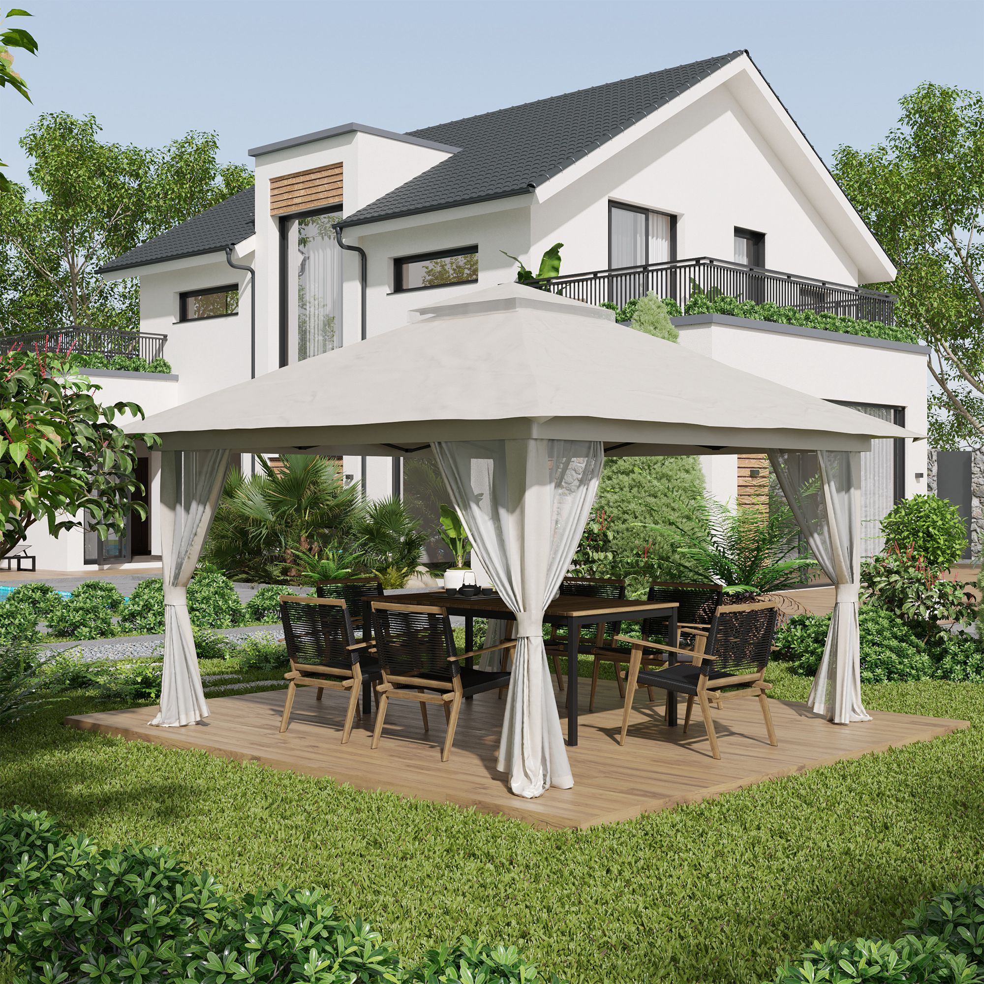 Gazebo Pieghevole 4x4 m ad Altezza Regolabile con Zanzariera e Borsa in Metallo e Tessuto Oxford Crema...