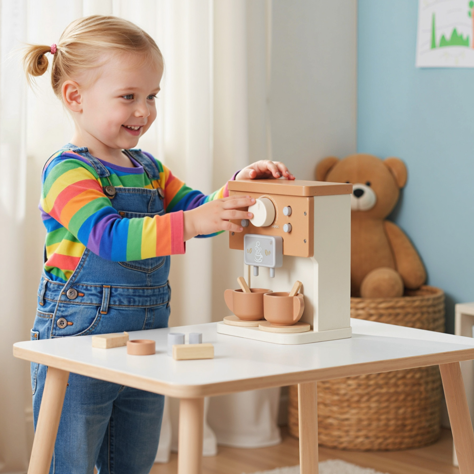 Macchina del Caffè Giocattolo per Bambini con Accessori in Legno Marrone...