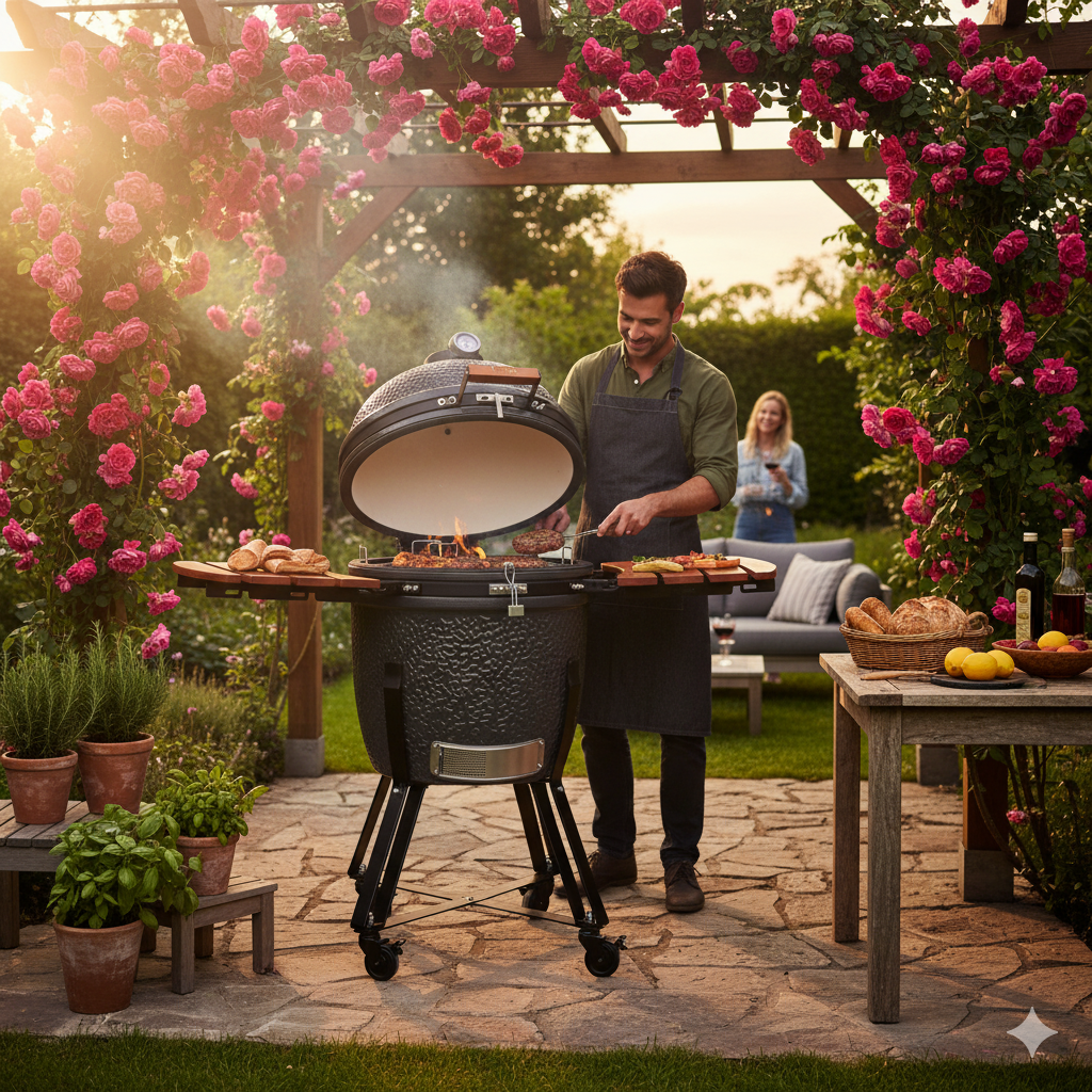 Barbecue a Carbone Carbonella Ø54,7 cm in Ceramica di Mullite con Supporto Kamado Lisa Luxury 21” Nero...