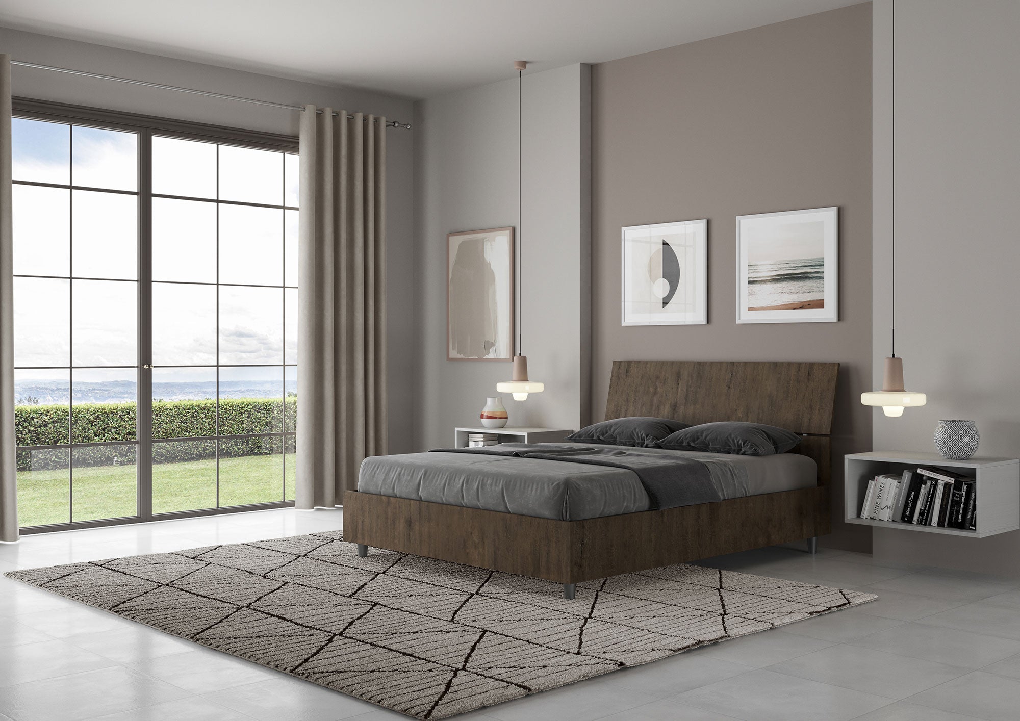 Letto Matrimoniale Francese 140x200 cm Senza Rete Testata Inclinata Demas Noce...