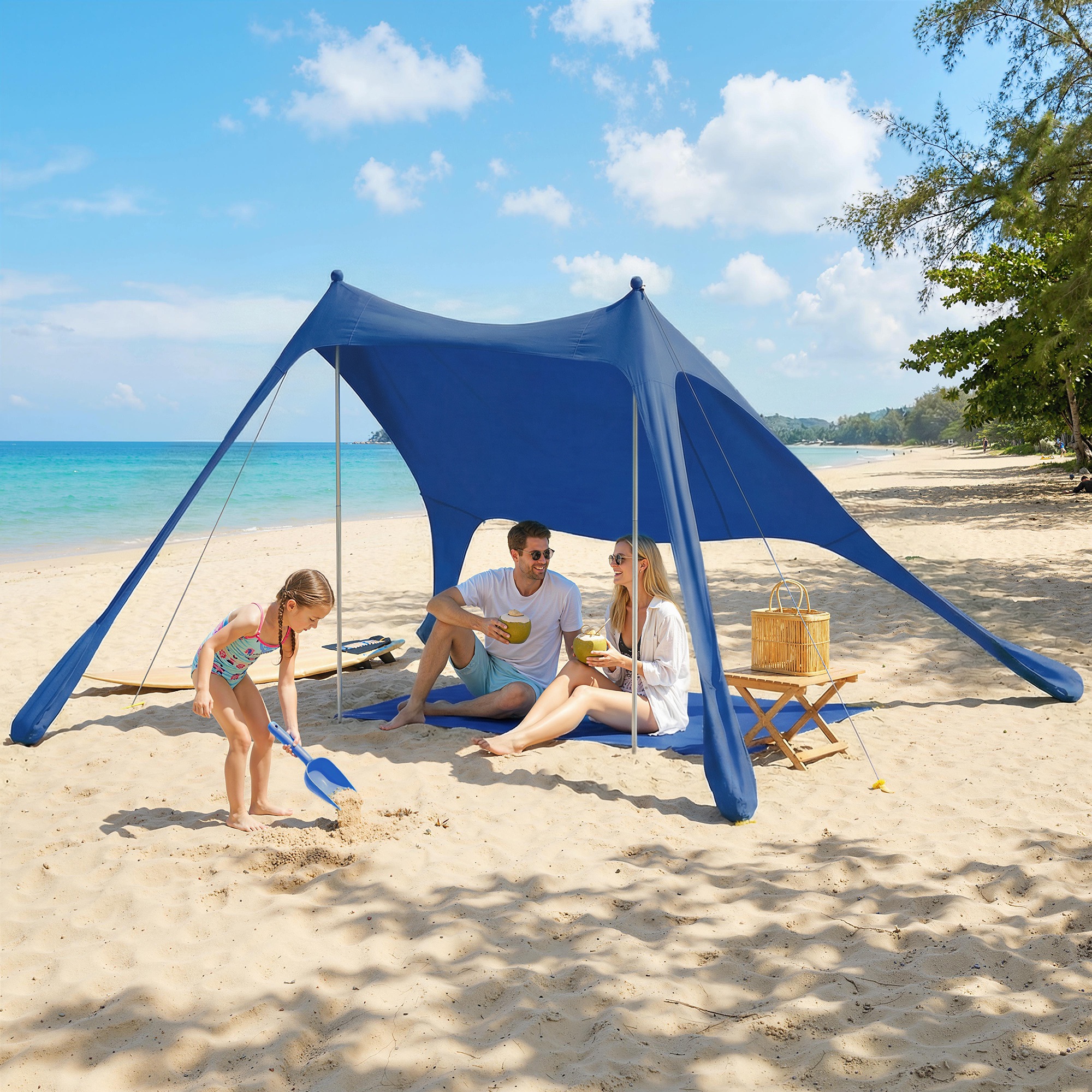 Tenda Spiaggia 2-4 Persone Tappetino Pala Protezione Solare UPF50+ Blu...