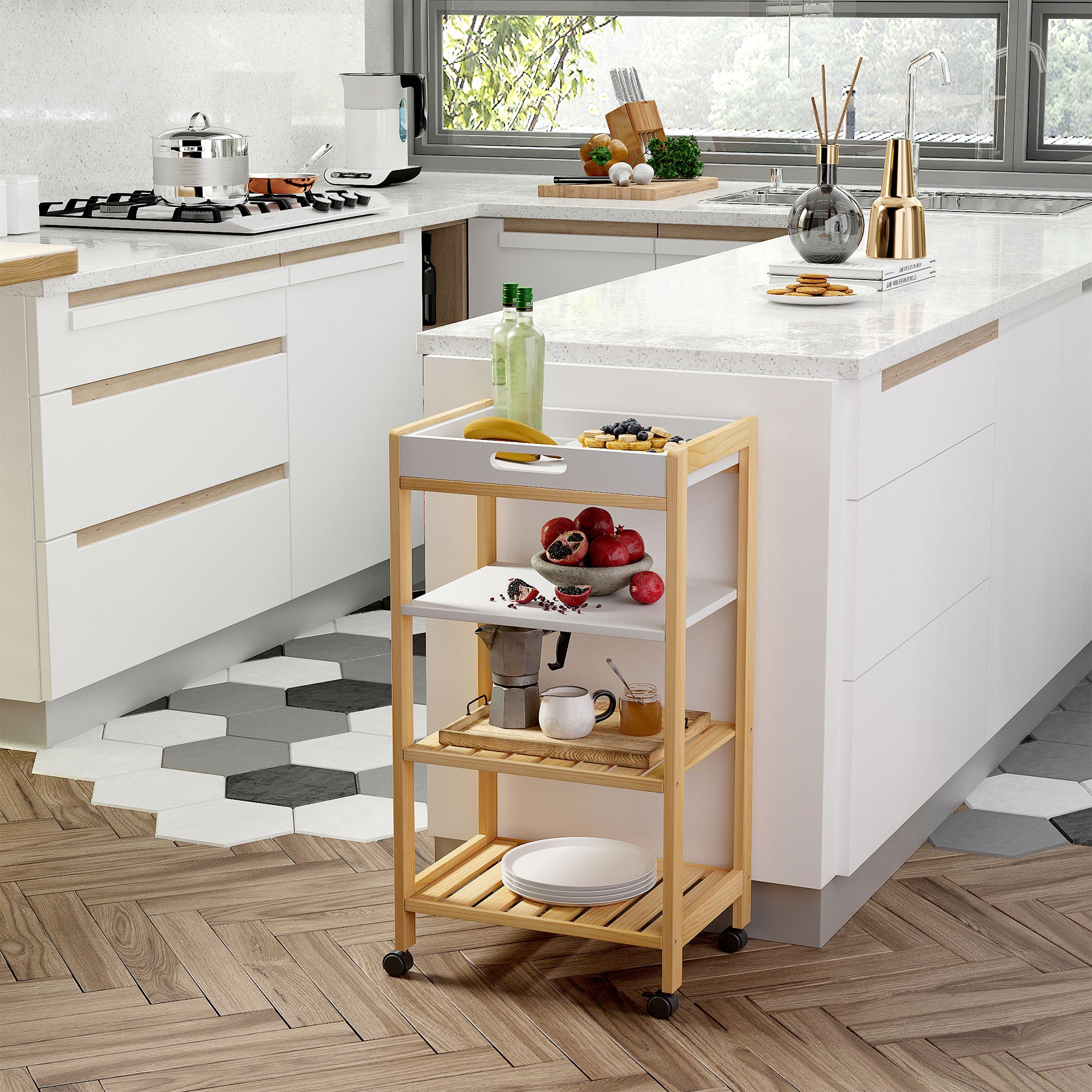 Carrello da Cucina 40x30x76 cm in MDF e Legno di Pino Bianco e Marrone...