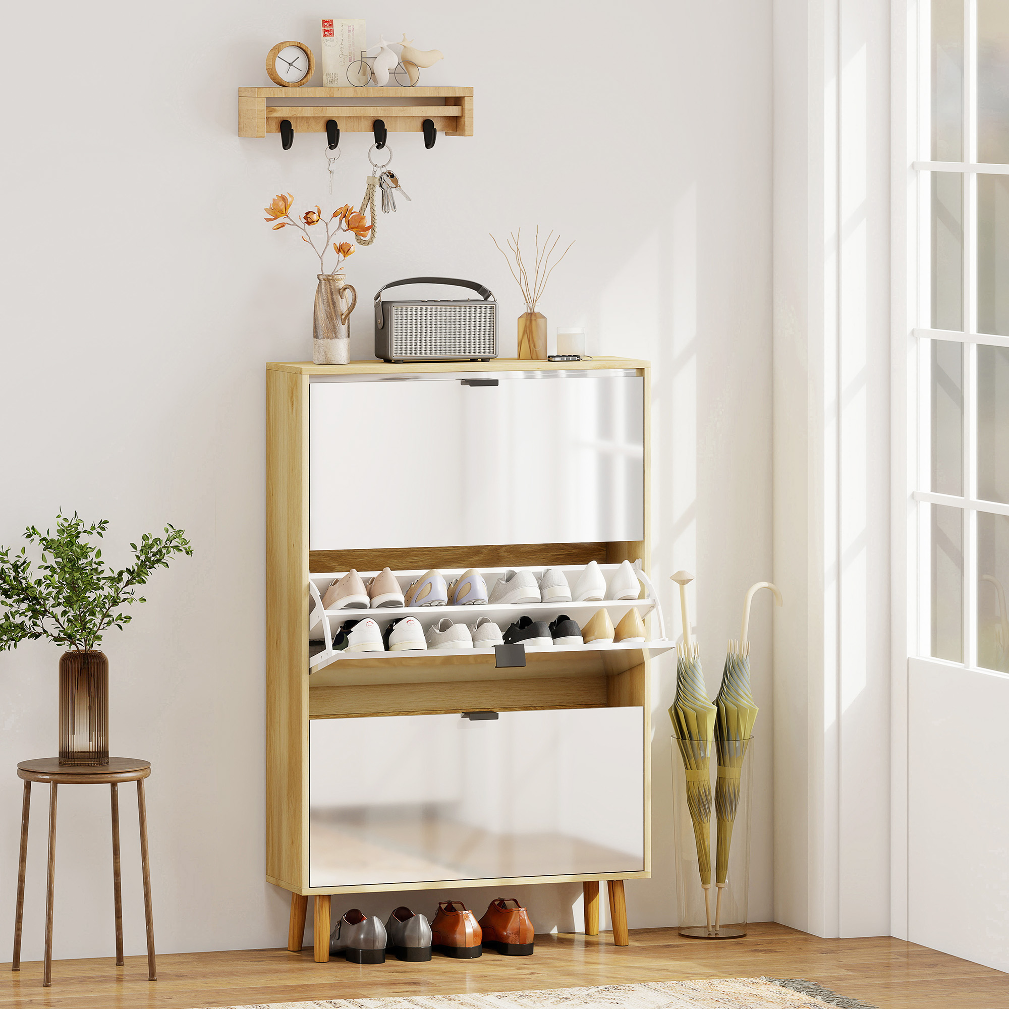 Scarpiera Slim con 3 Cassetti Ribaltabili per 24 Paia di Scarpe 80x24x127 cm Design Moderno in MDF Bianco...