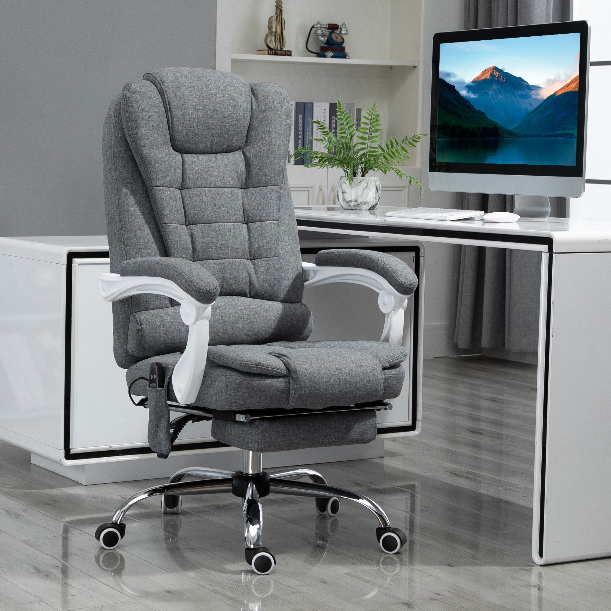 Poltrona da Ufficio 67x79x111-121 cm con Telecomando e 6 Punti di Massaggio in Tessuto Misto Velluto e Lino Grigio...