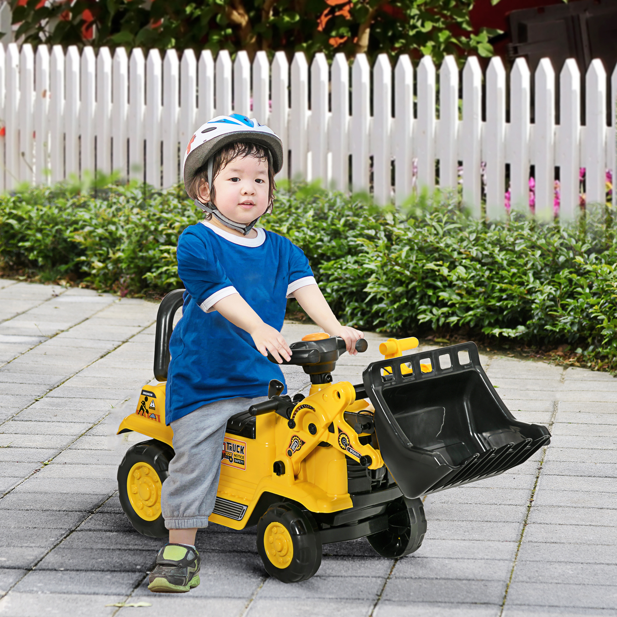 Escavatore Cavalcabile per Bambini 80x26,5x39 cm con Benna e Vano Contenitore in PP e ABS Giallo e Nero...
