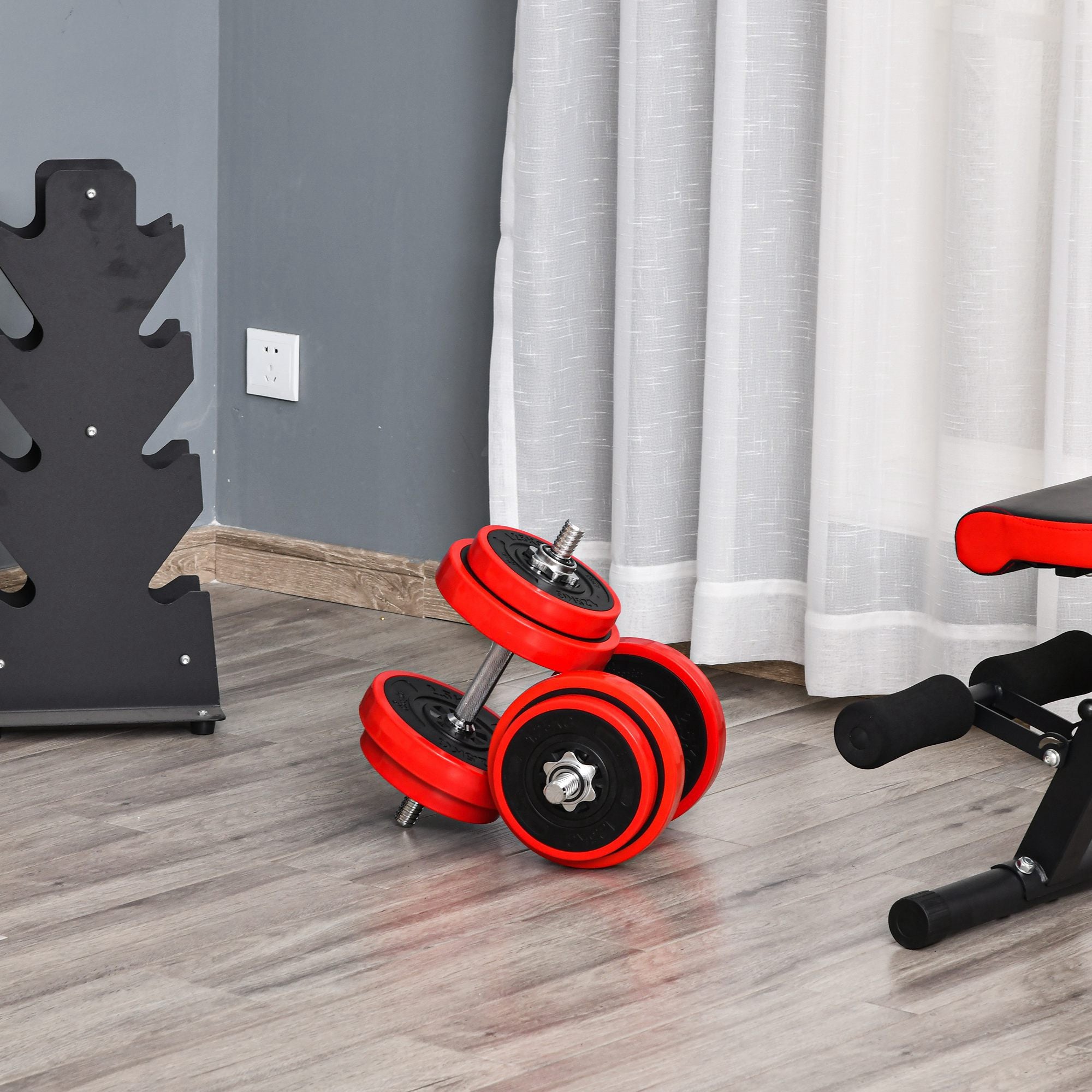 Set Bilanciere 2 Manubri 8 Dischi 15 kg Rivestimento in Plastica Rosso e Nero...